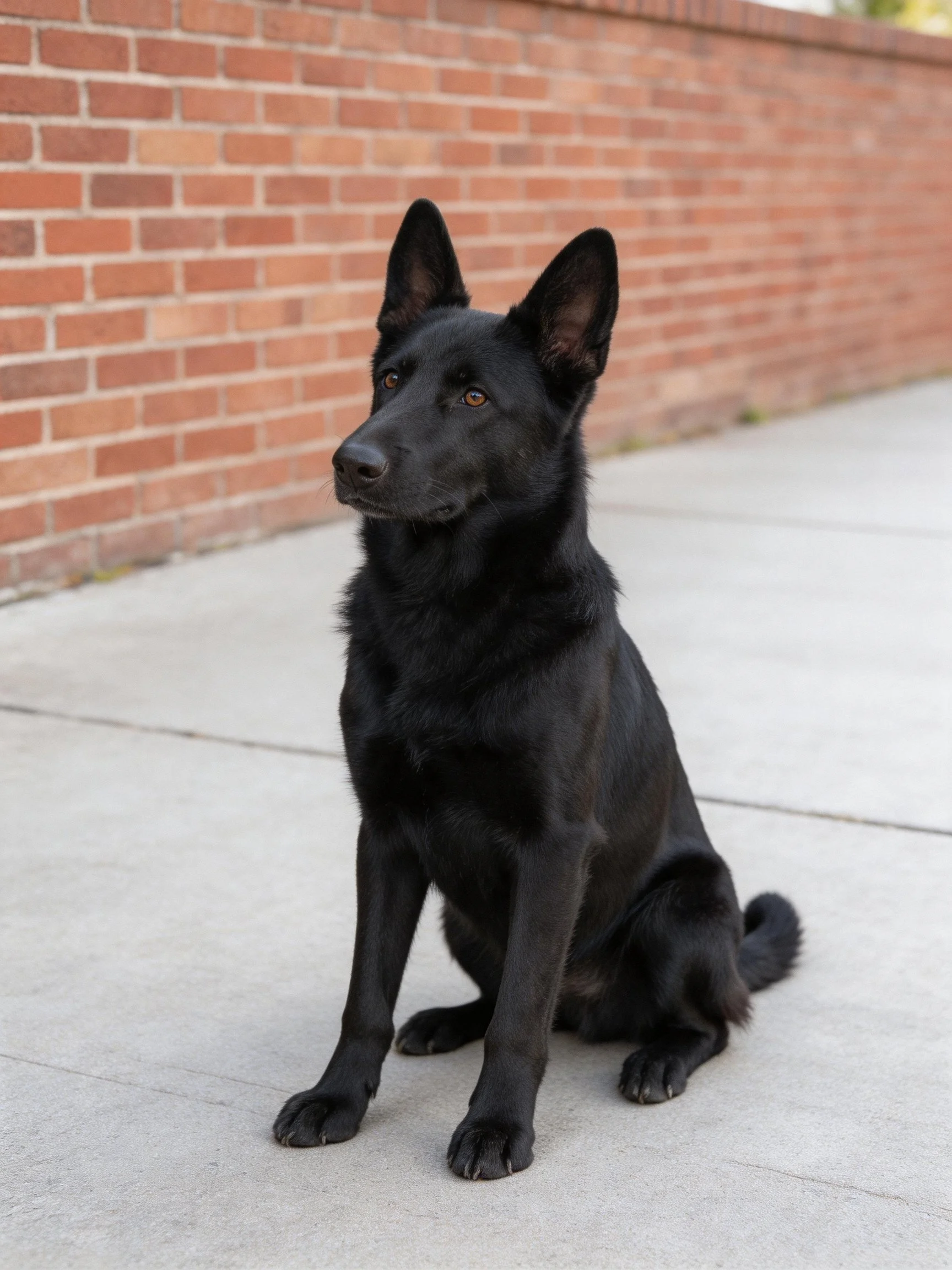 A black dog sits beside a red brick wall
