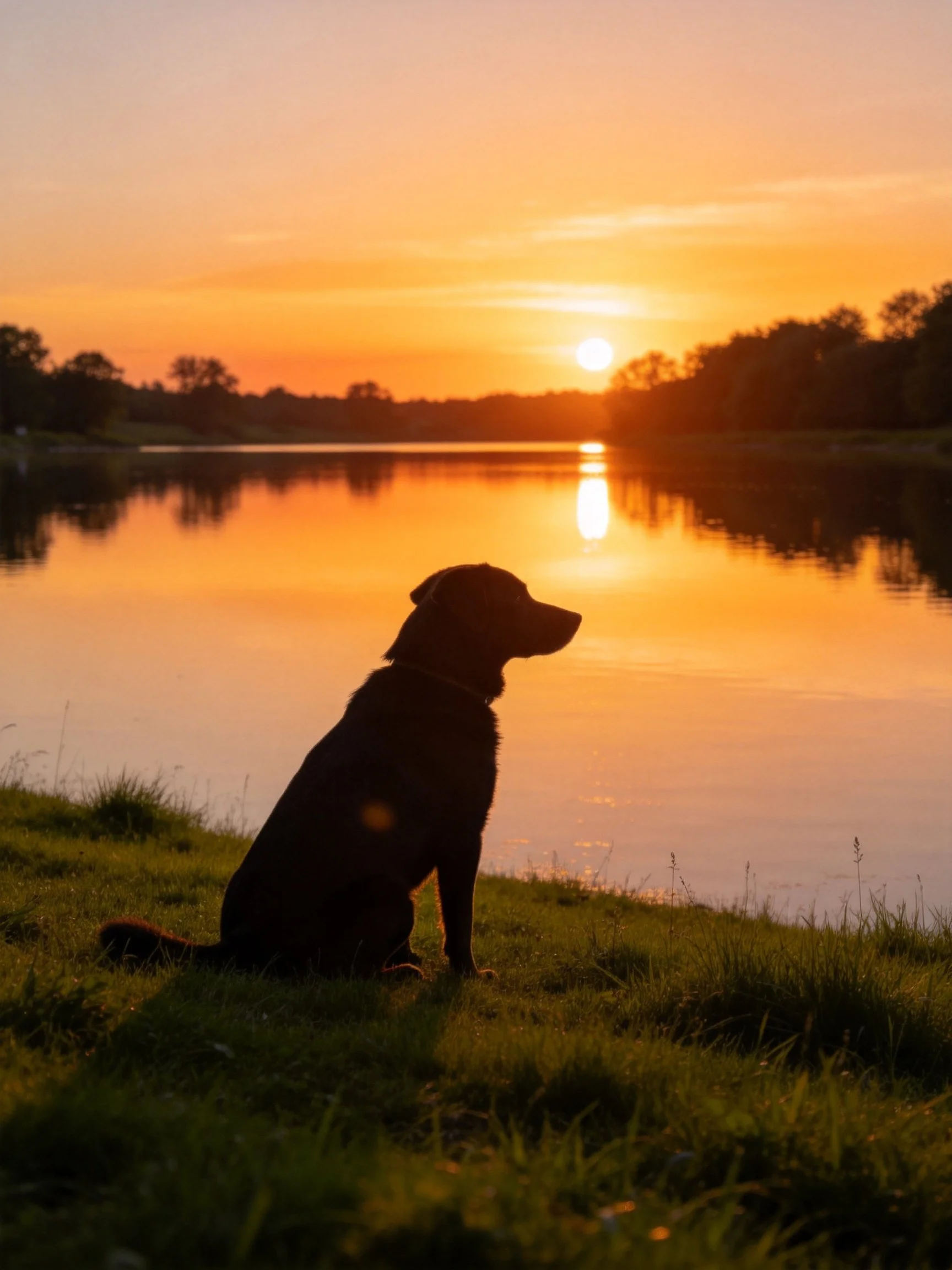 A black dog sits by a golden-lit lake at sunset