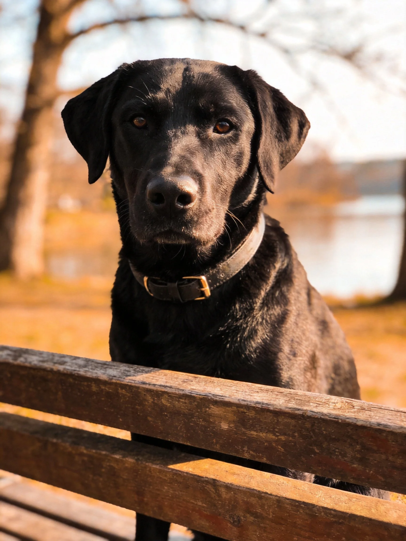 A black dog sits by a weathered wooden bench in a sunlit park