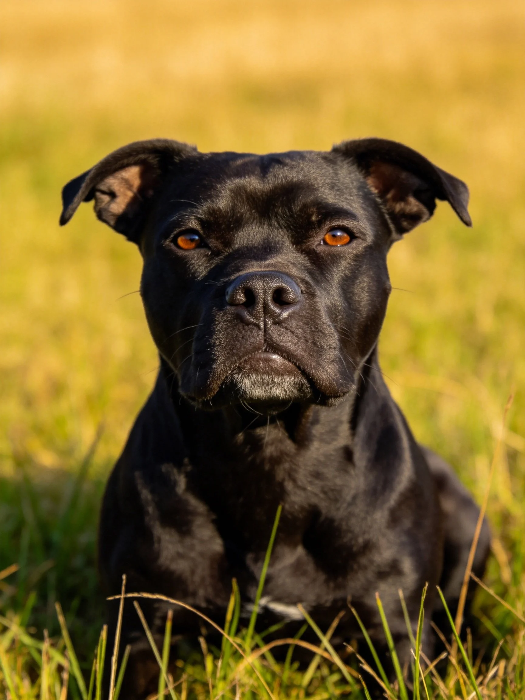 A black dog sits calmly in golden grassy field