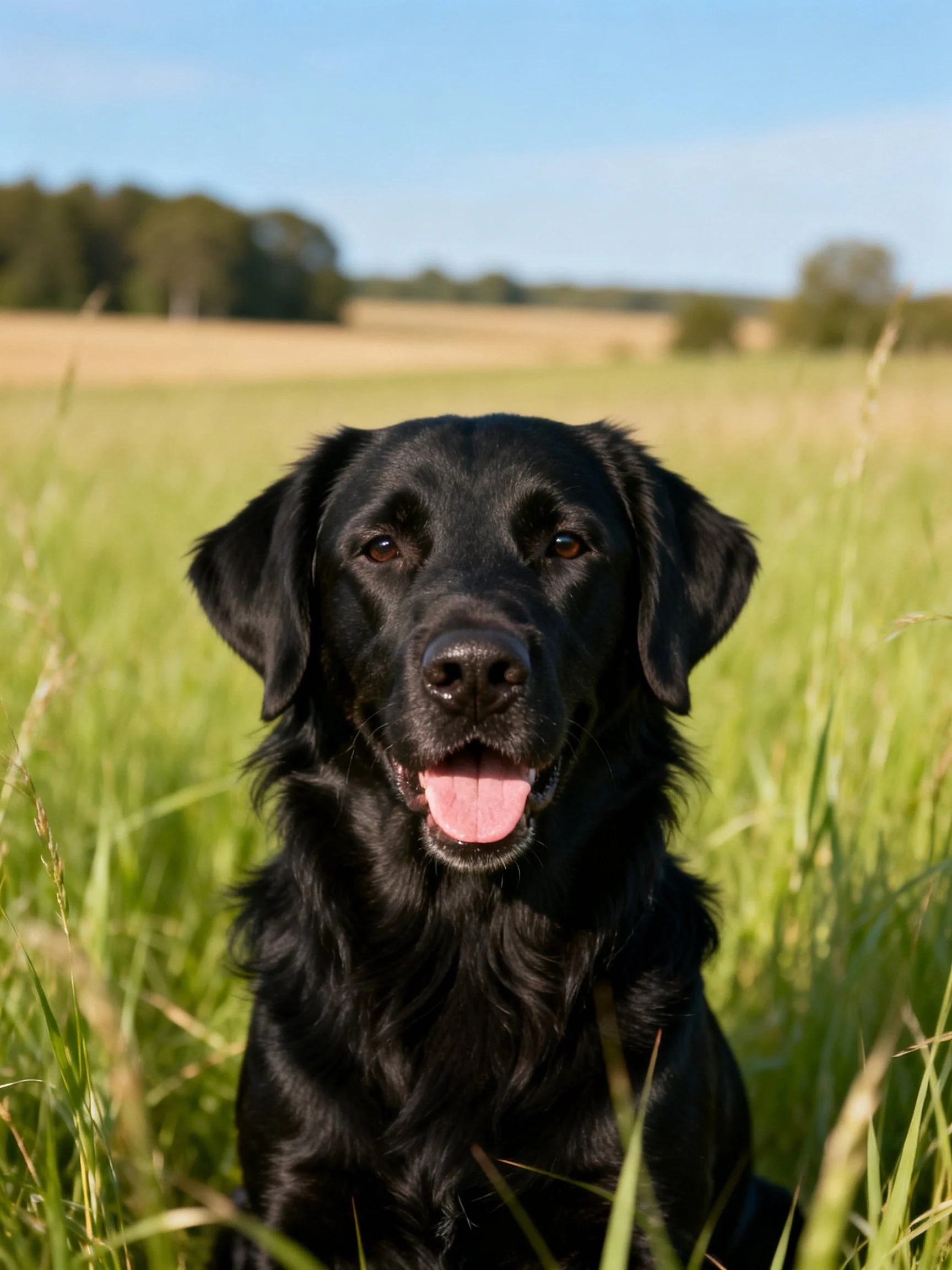 A black dog sits contentedly among tall grasses in a sunlit outdoor setting.