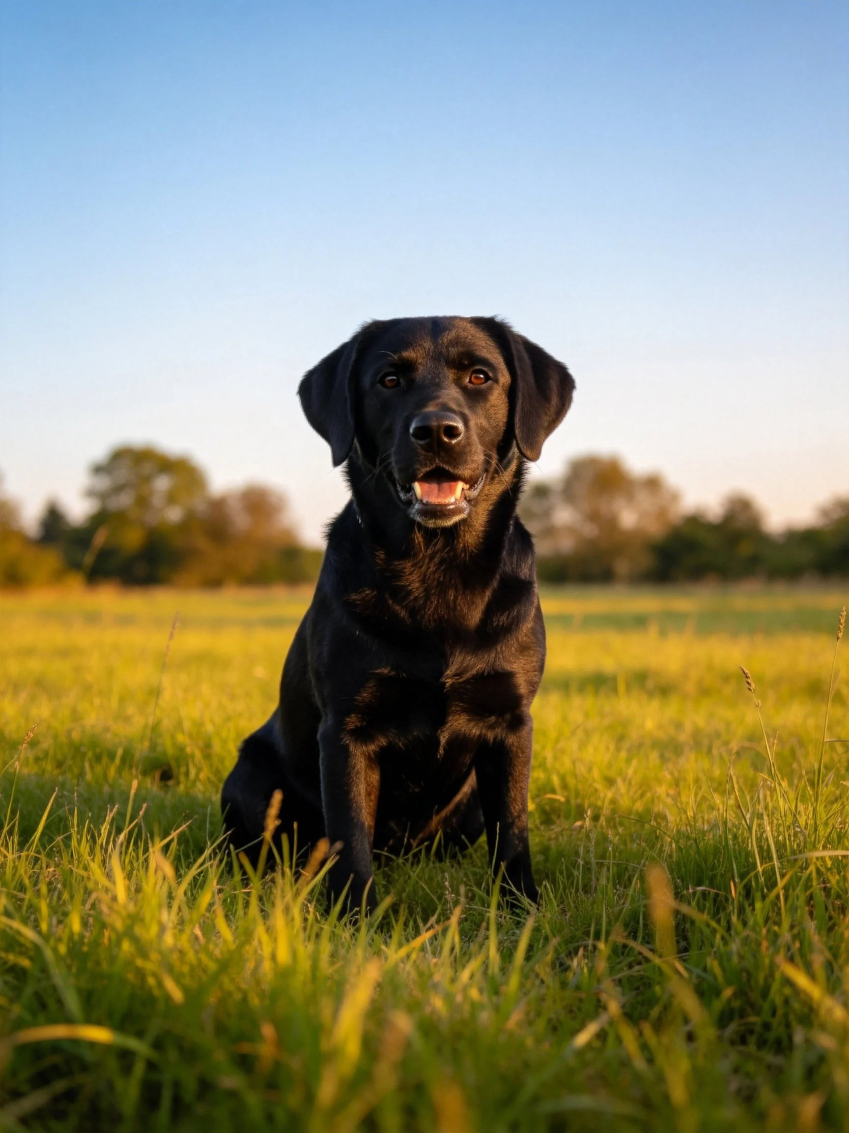 A black dog sits calmly in a sunlit grassy field with trees in the distance.