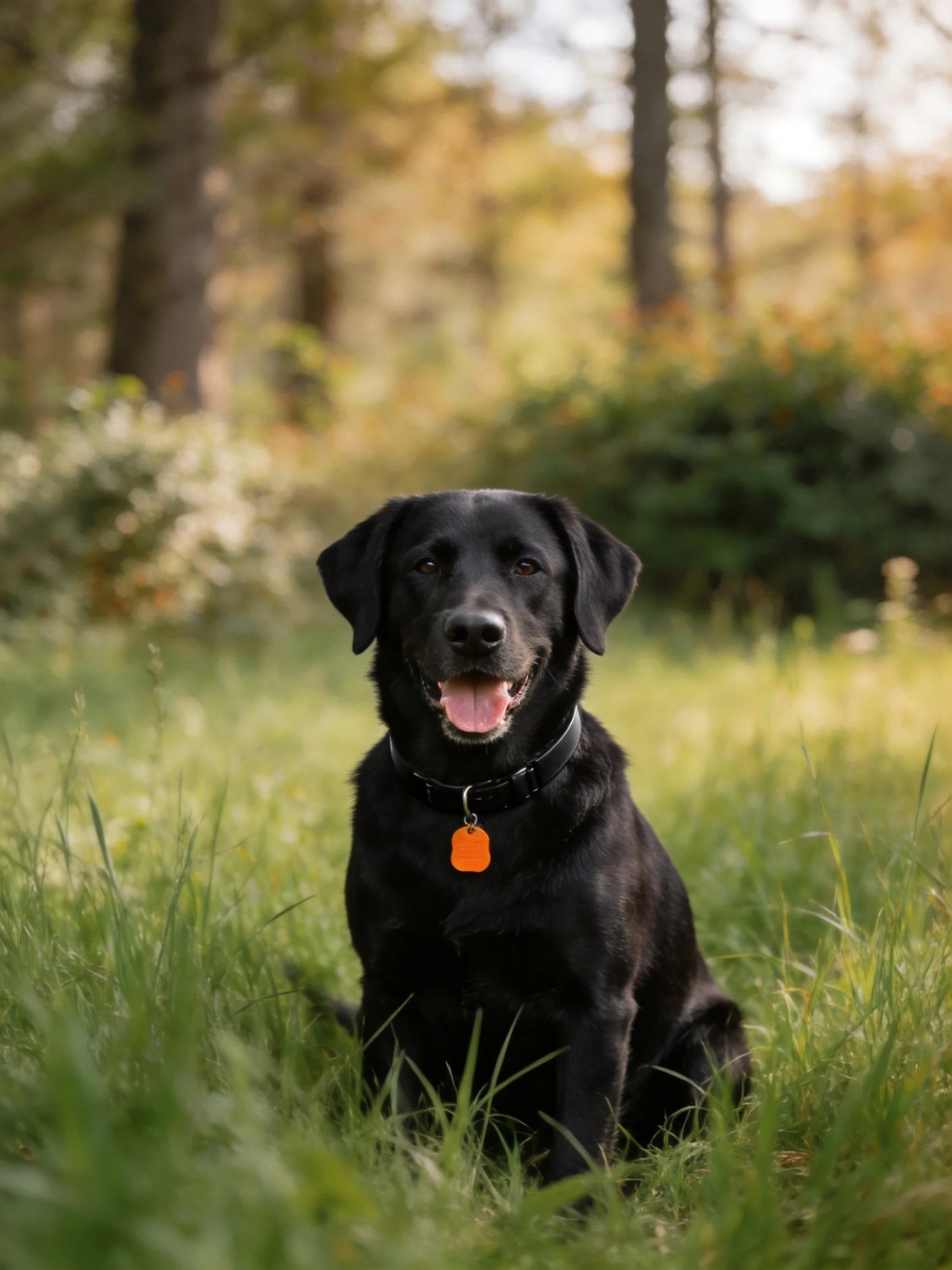 A black dog sits contentedly in tallgrass with trees in the background.