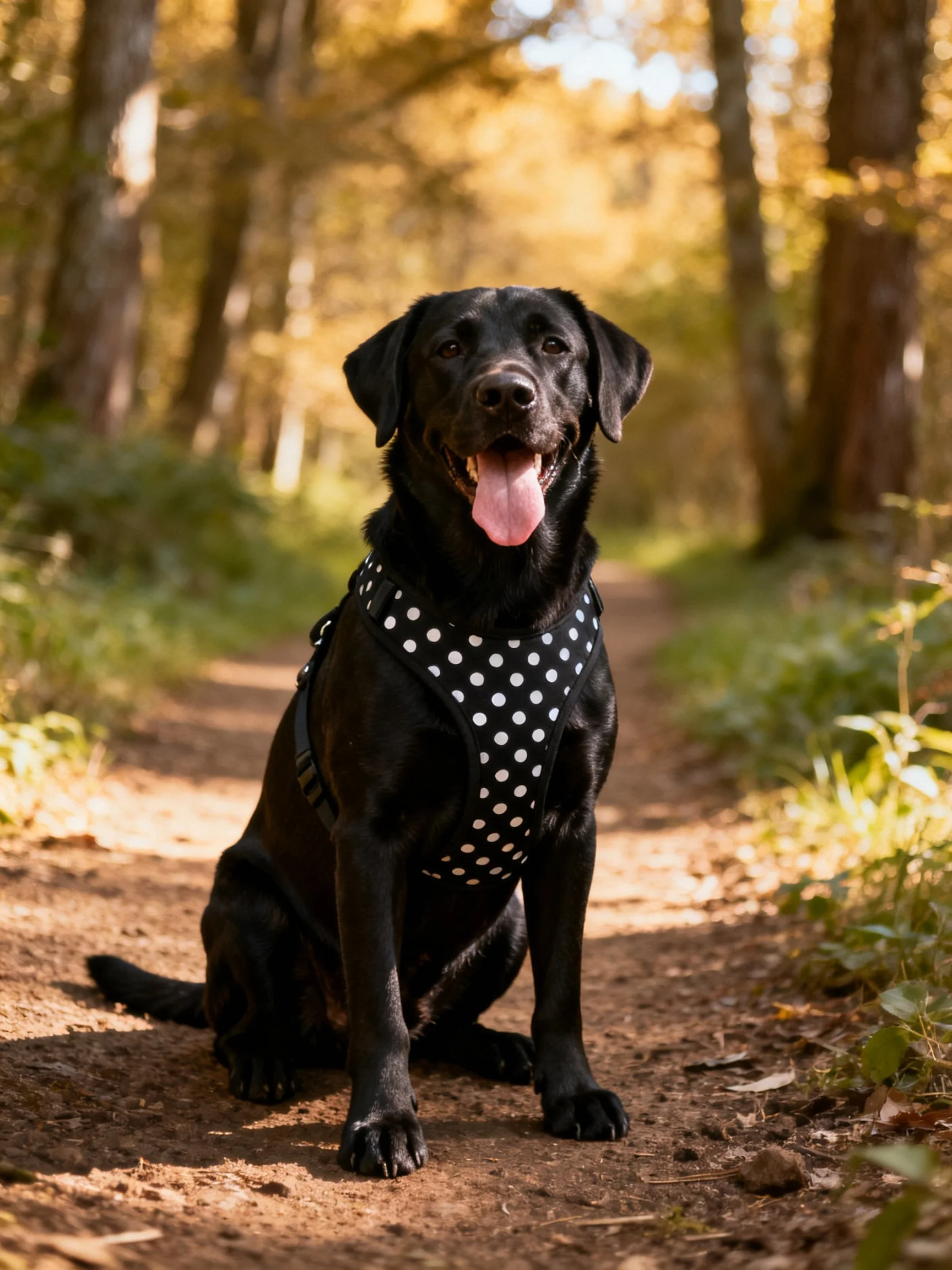 A black dog wearing a polka - dotted harness rests on a sunlit forest trail.