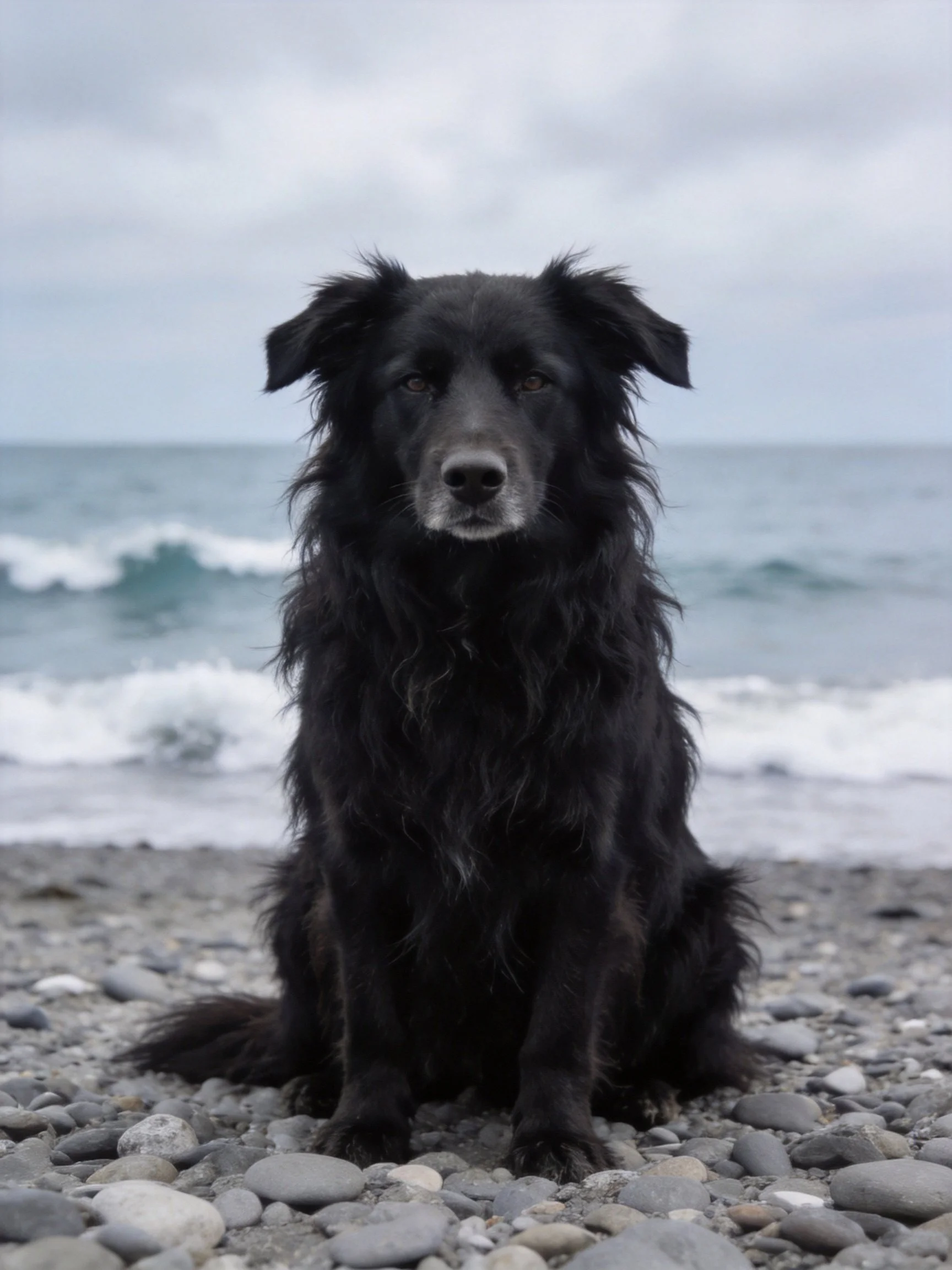 A black dog sits on a pebbly beach by the ocean