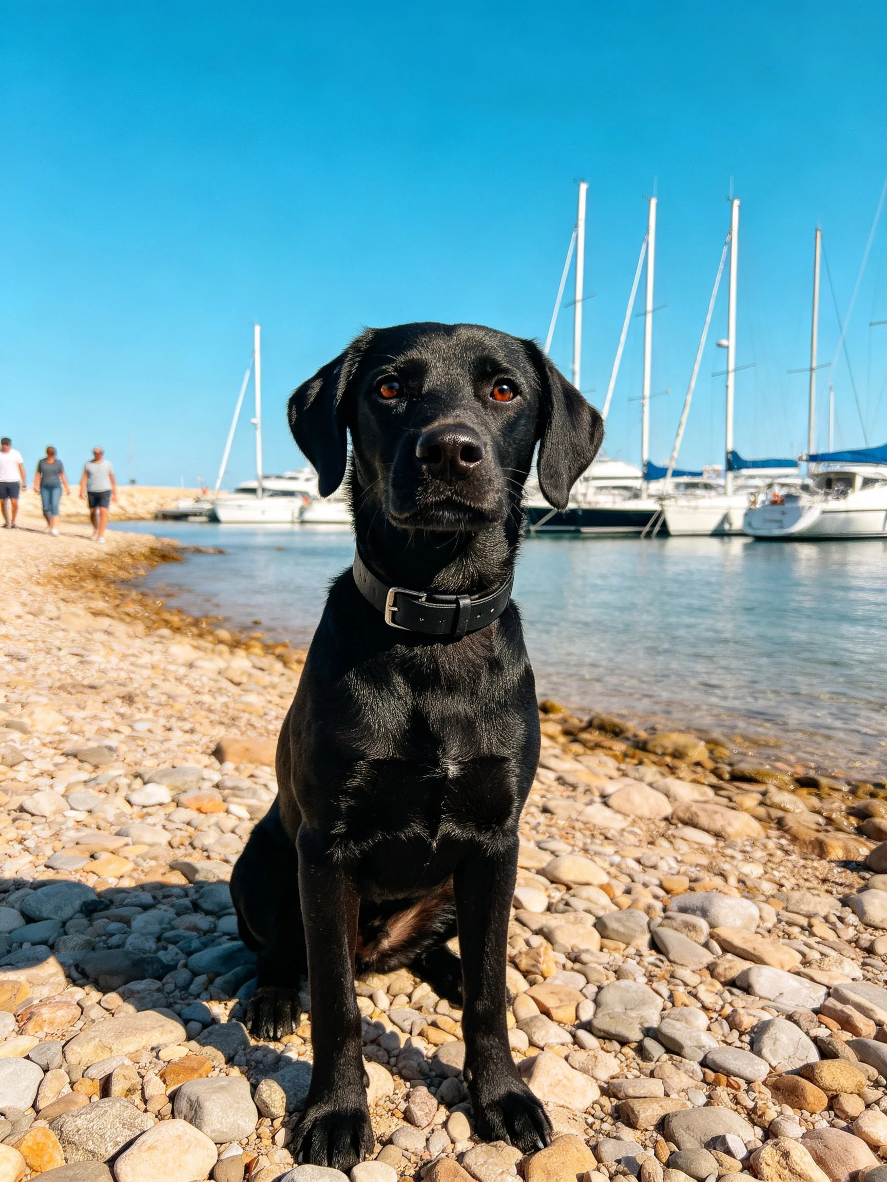 A black dog sits on a pebbly shore near sailboats under a clear blue sky