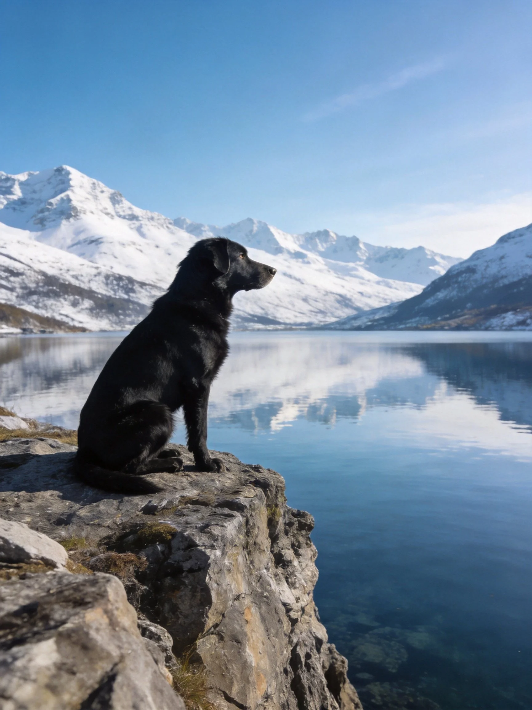 A black dog sits on a rocky cliff by a snowy mountain lake