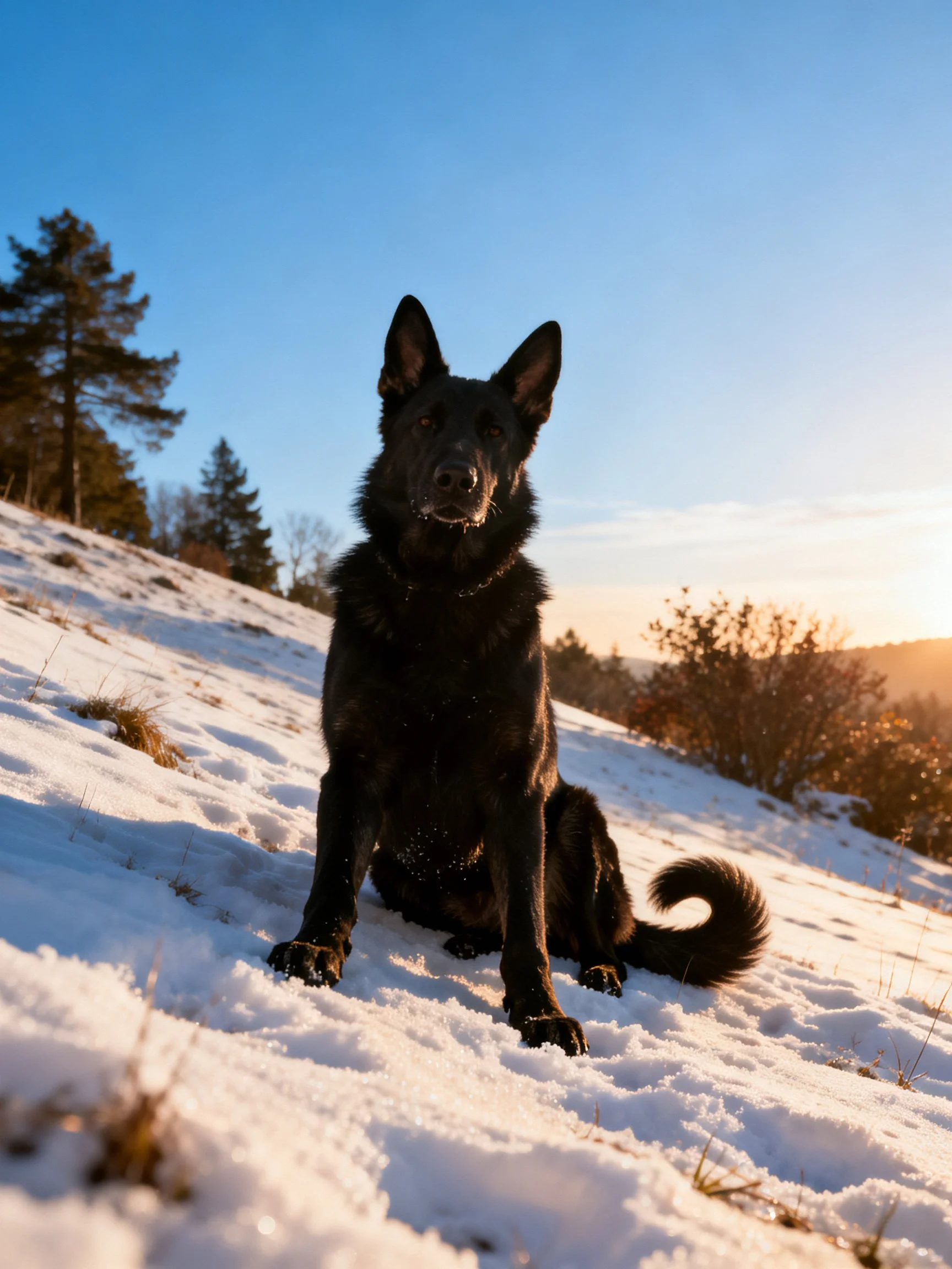 A black dog sits on a snowy hillside with trees