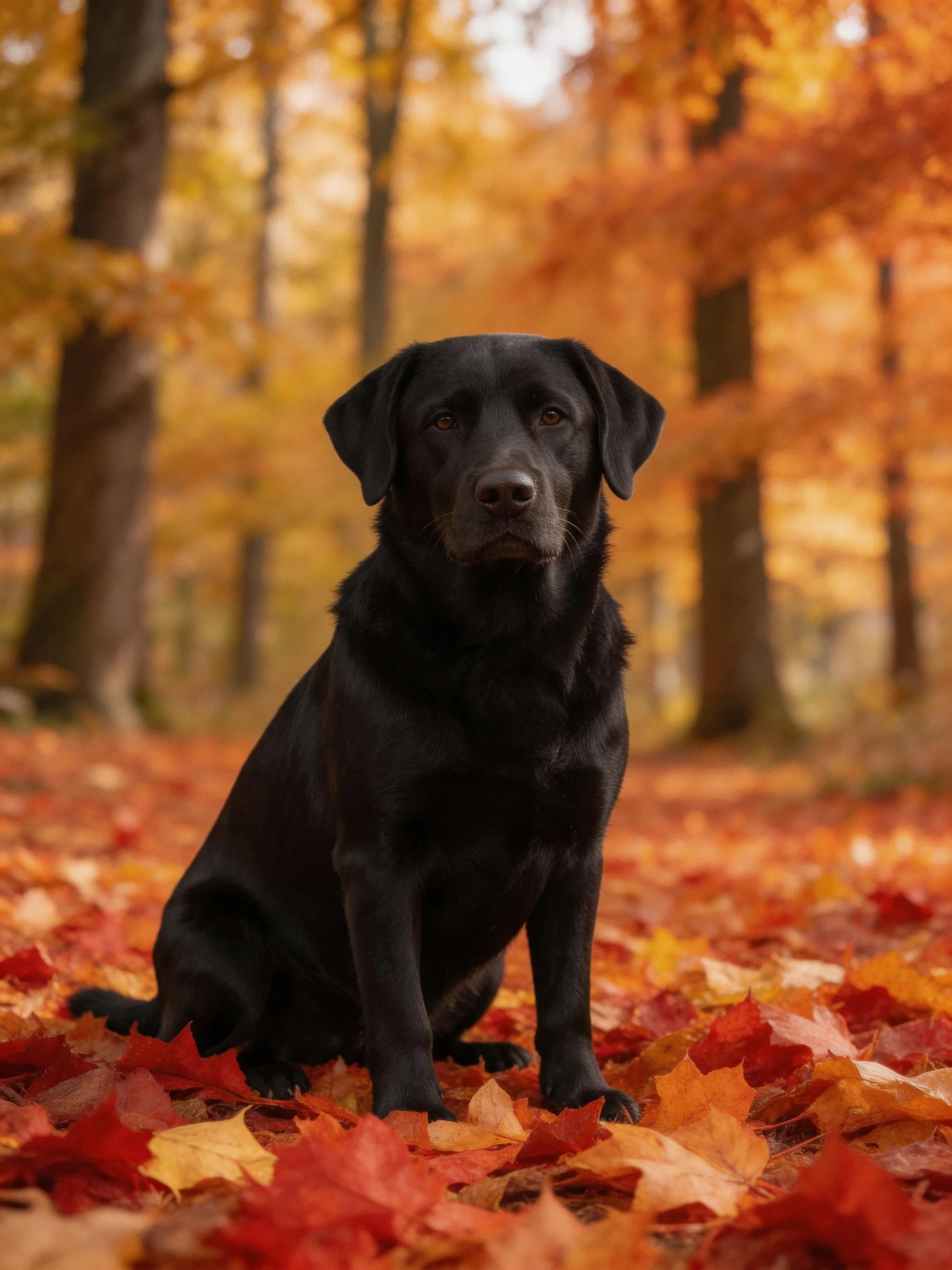 A black dog sits on autumn leaves in a golden forest