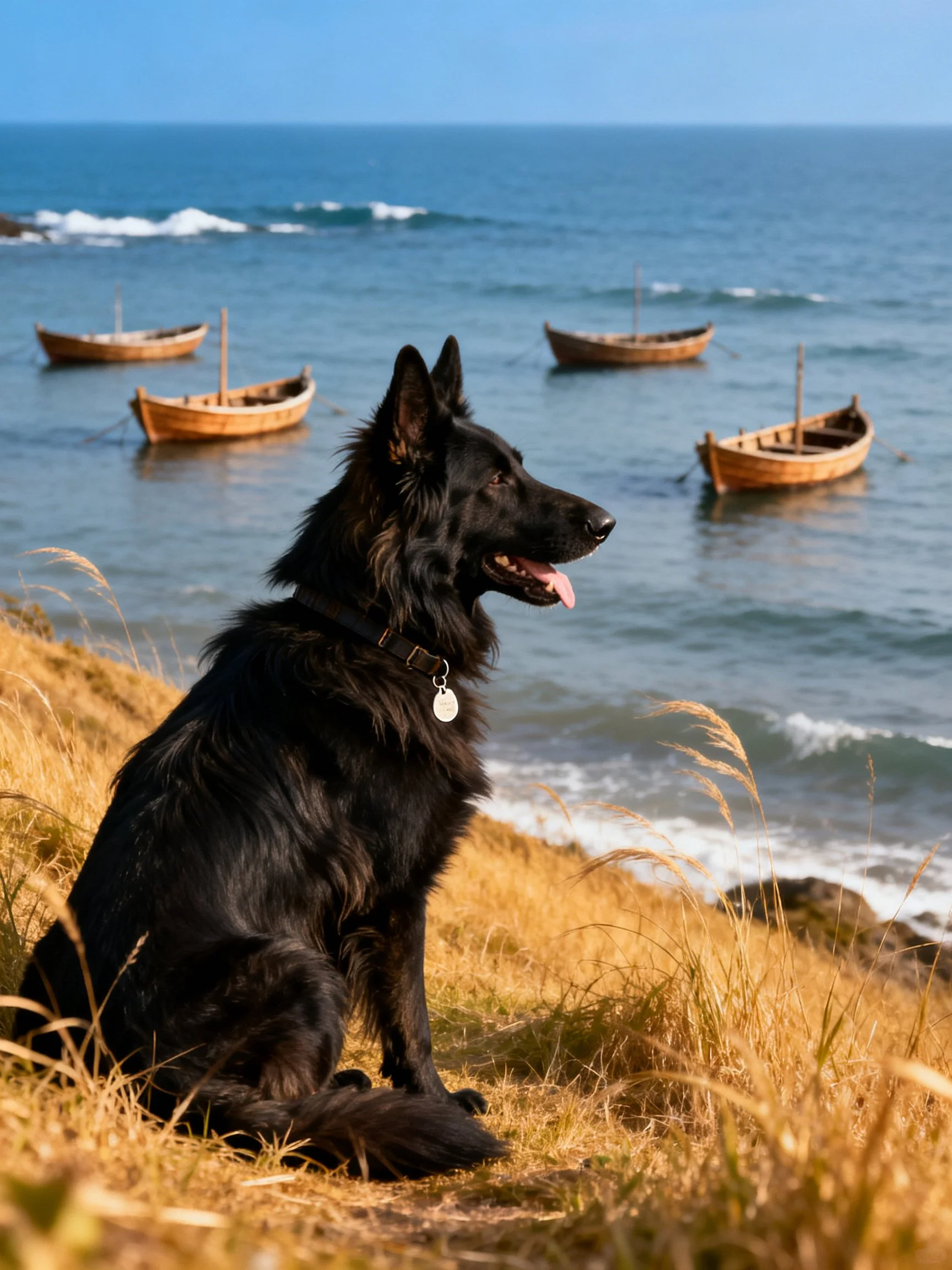 A black dog sits on grass beside the sea with wooden boats in view.