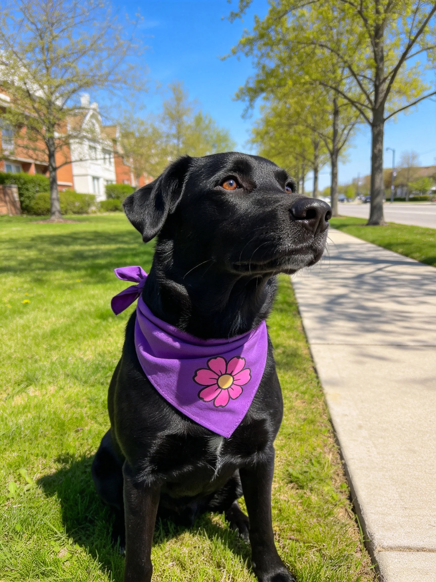 A black dog sits on green grass wearing a purple floral bandana