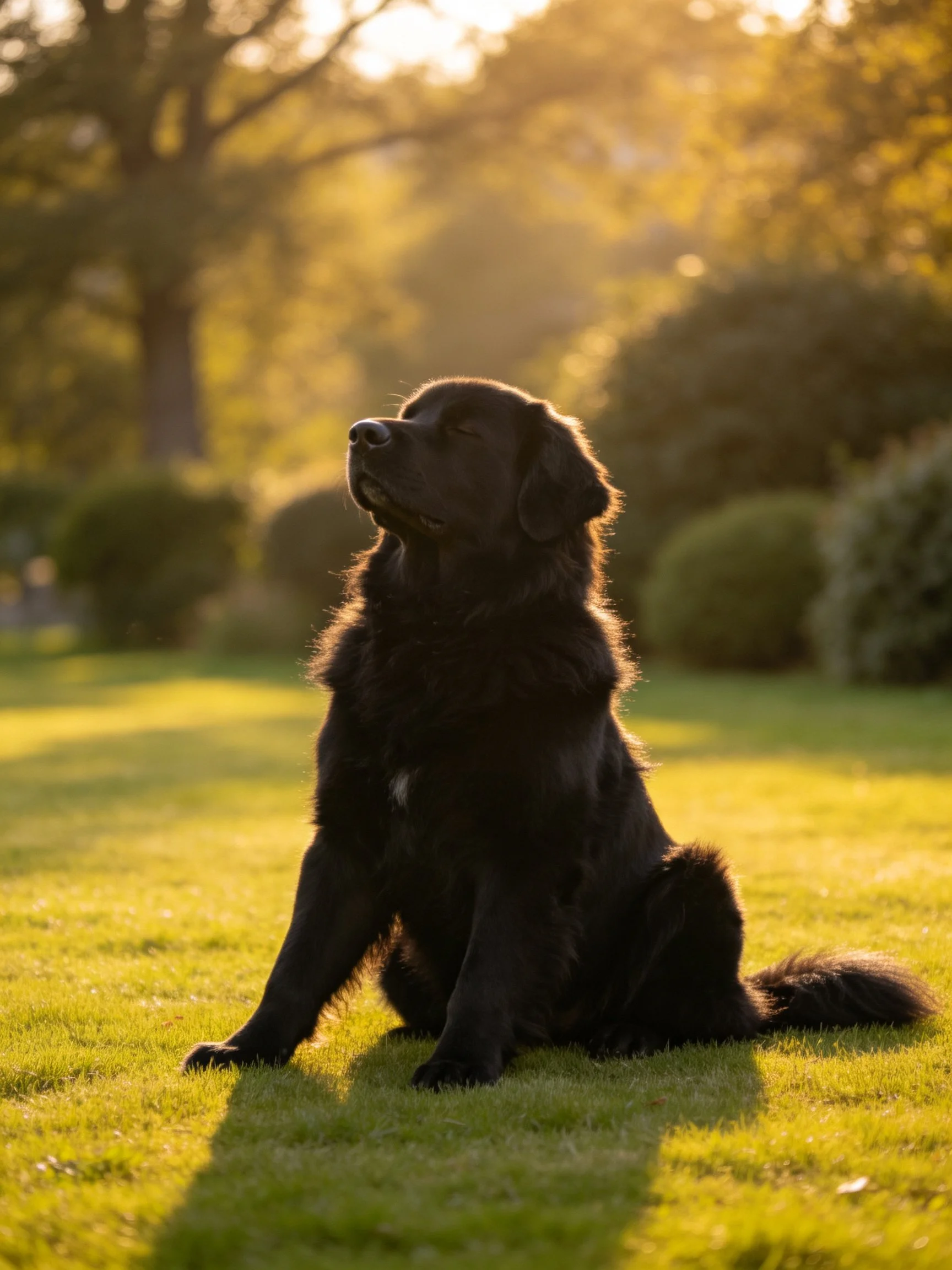 A black dog sits calmly on sunlit grass surrounded by trees.