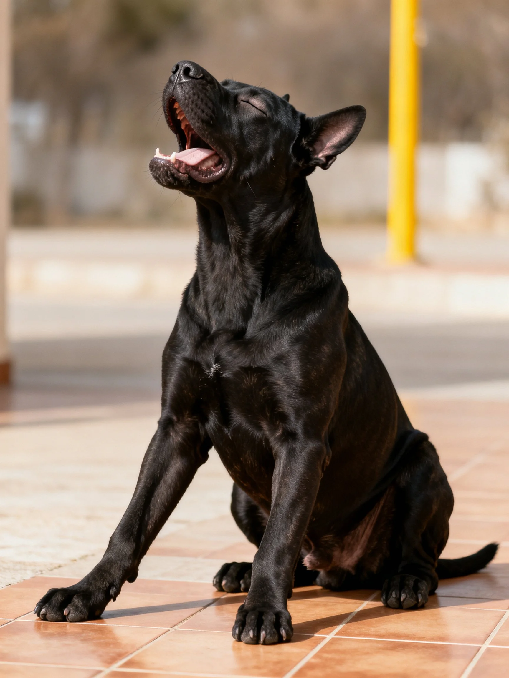 A black dog sits on tiles, yawning with eyes closed