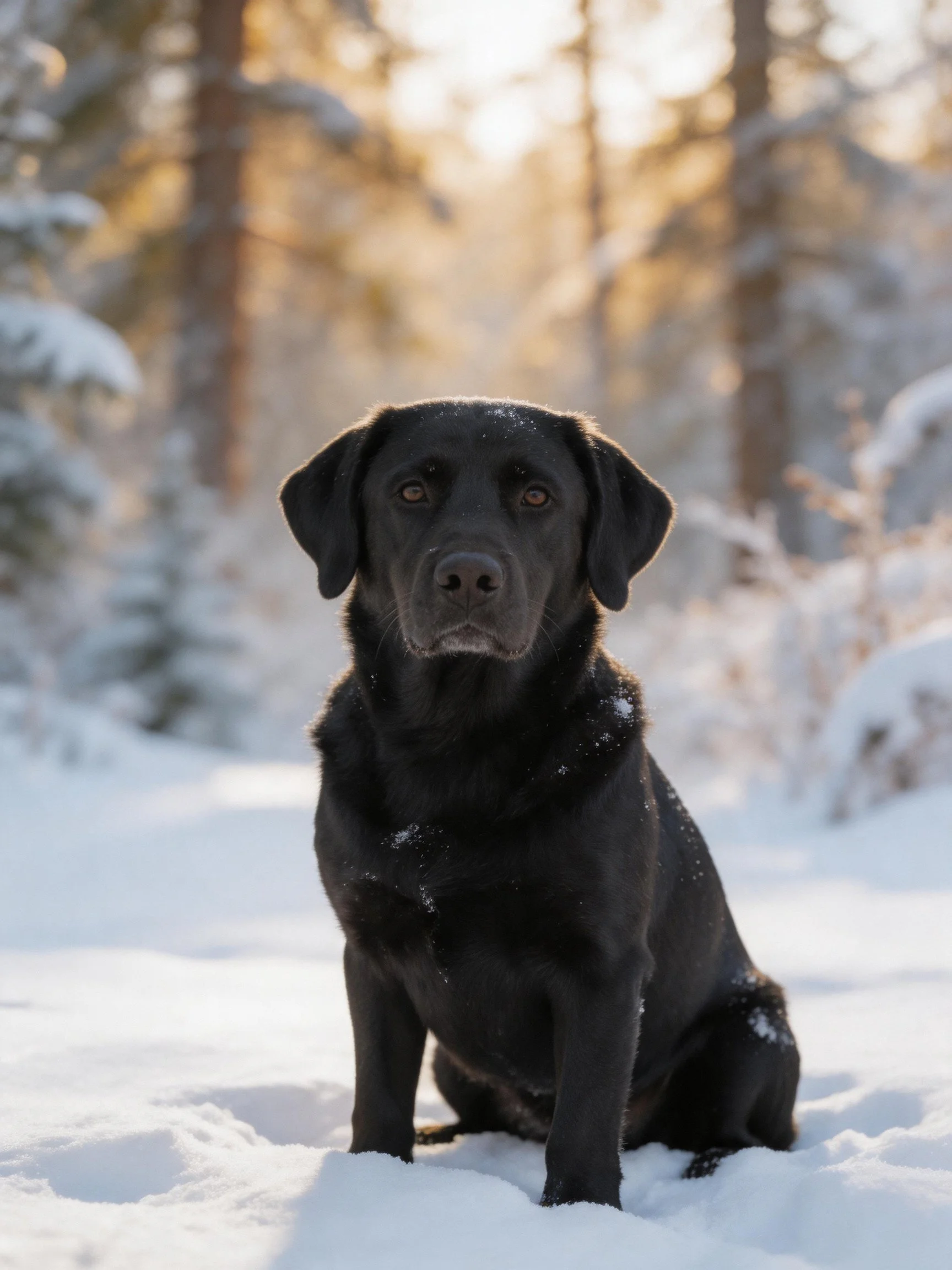 A black dog sitting in a snow - covered forest landscape