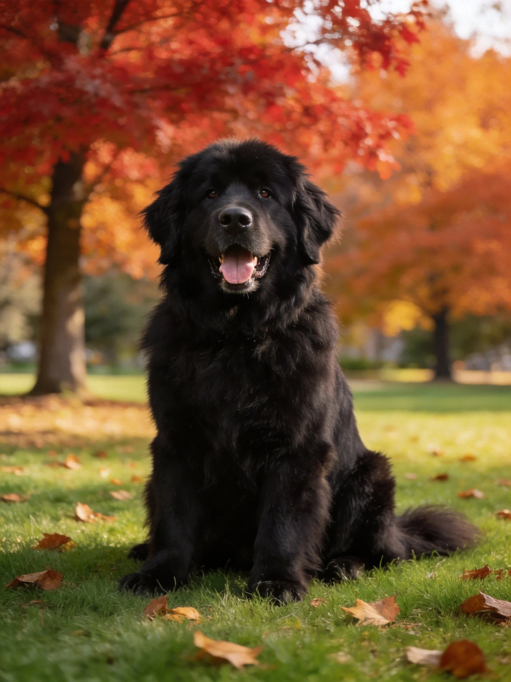 A black dog sits calmly on grass amid colorful autumn trees.