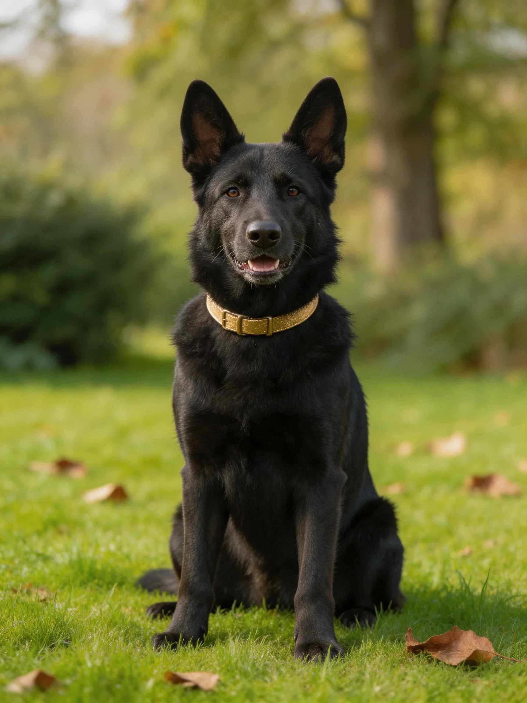 A black dog sits on green grass with a golden collar in a park.