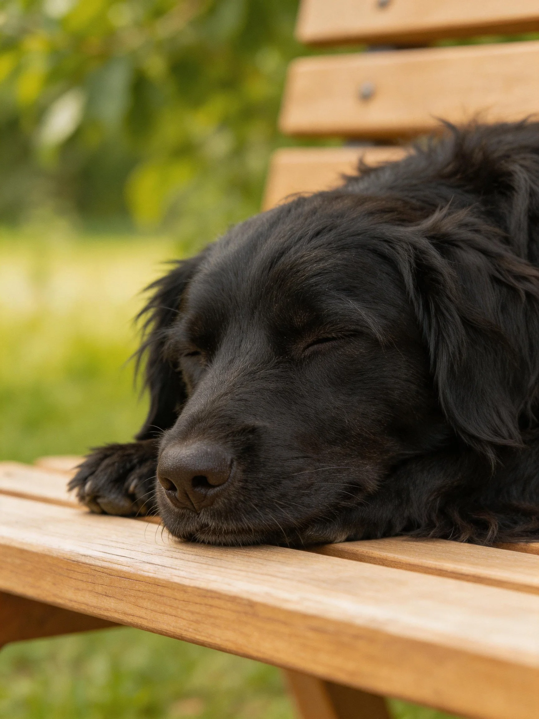 A black dog sleeps on a wooden bench outdoors