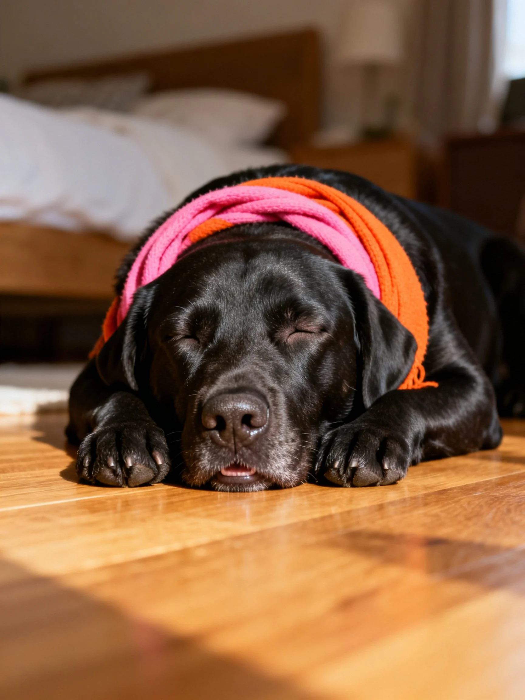 A black dog sleeps on a wooden floor with pink and orange scarf