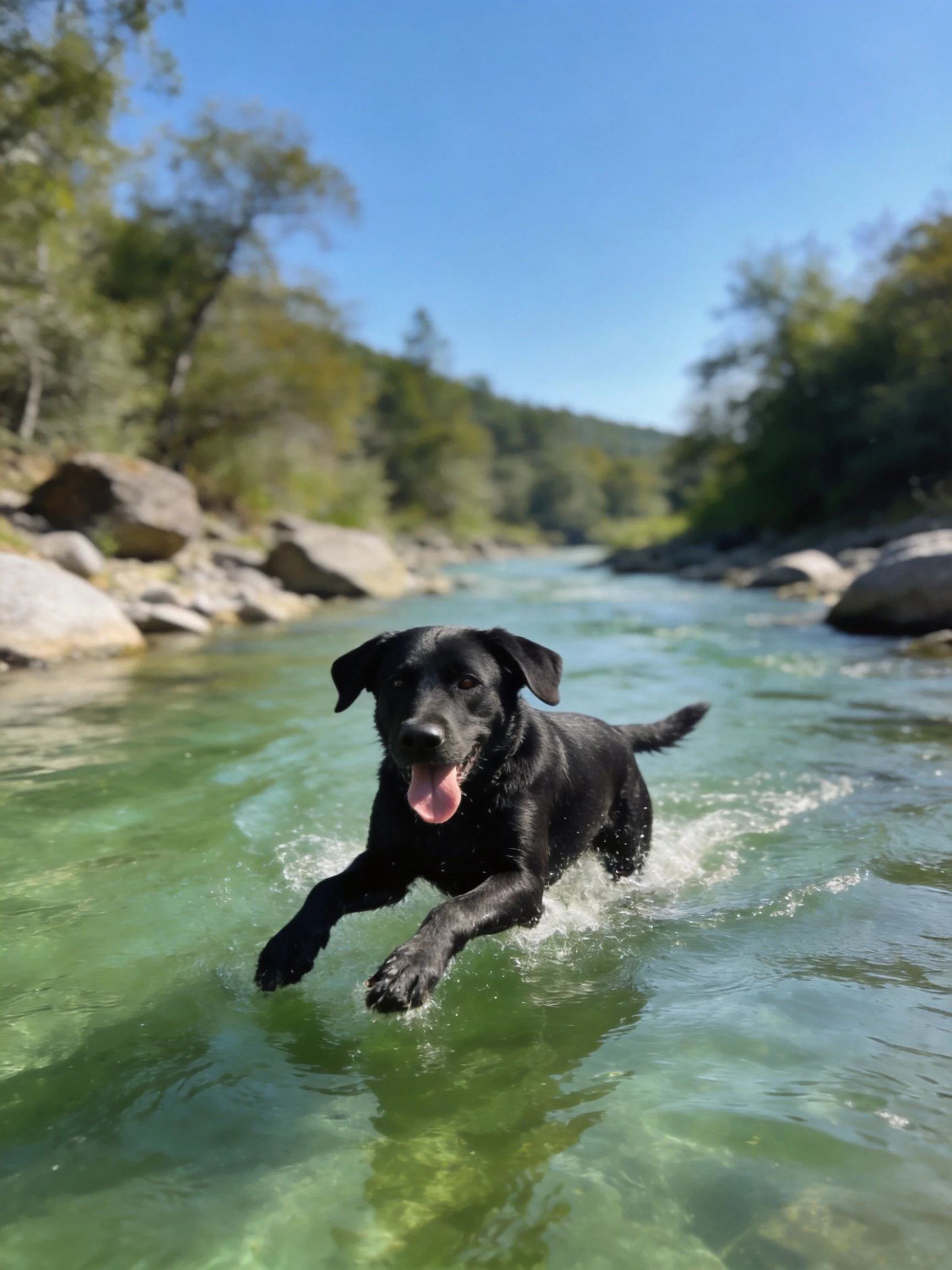A black dog splashing through a clear green river