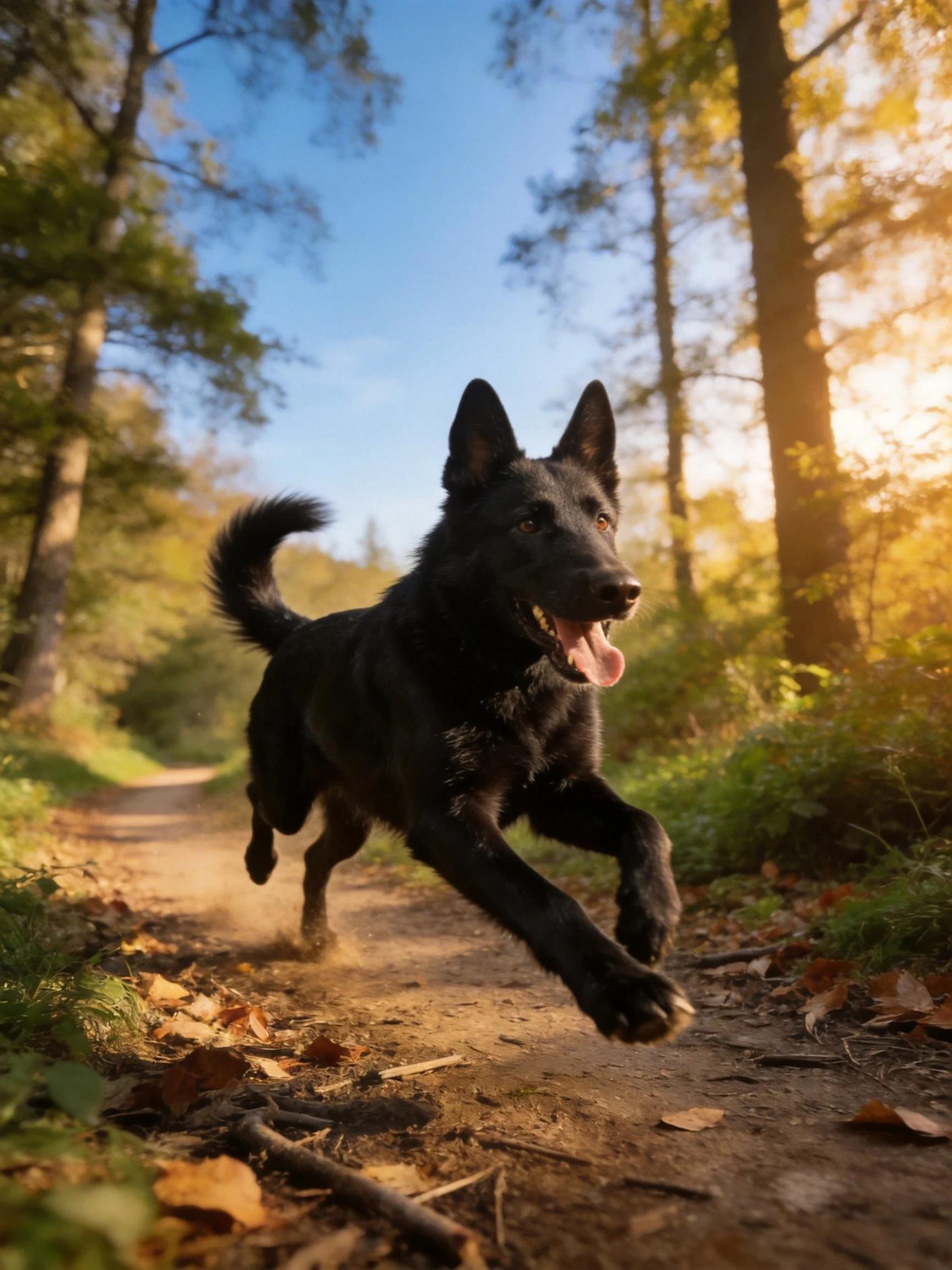 A black dog sprinting along a sunlit forest trail