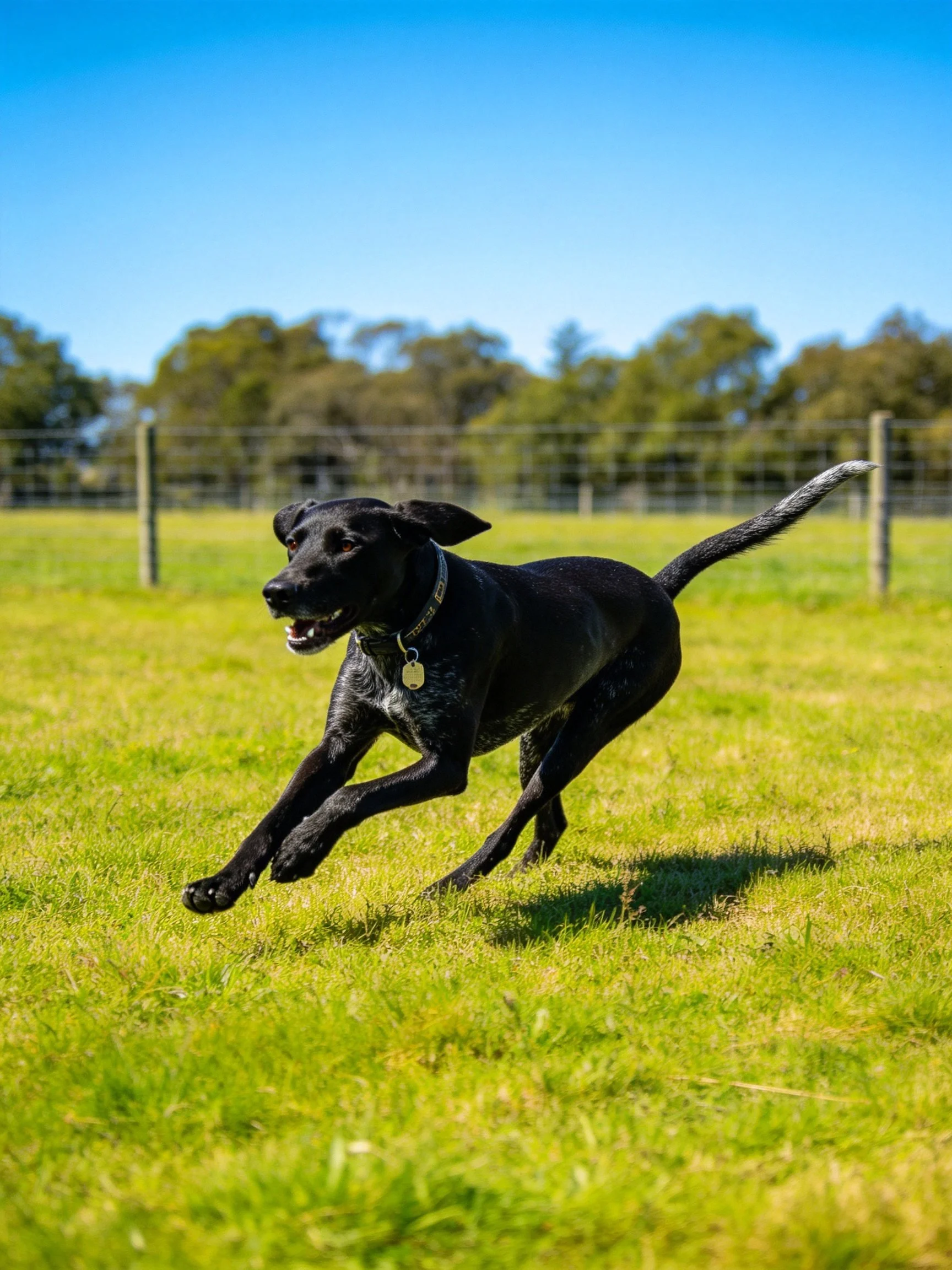 A black dog sprinting through a bright green meadow