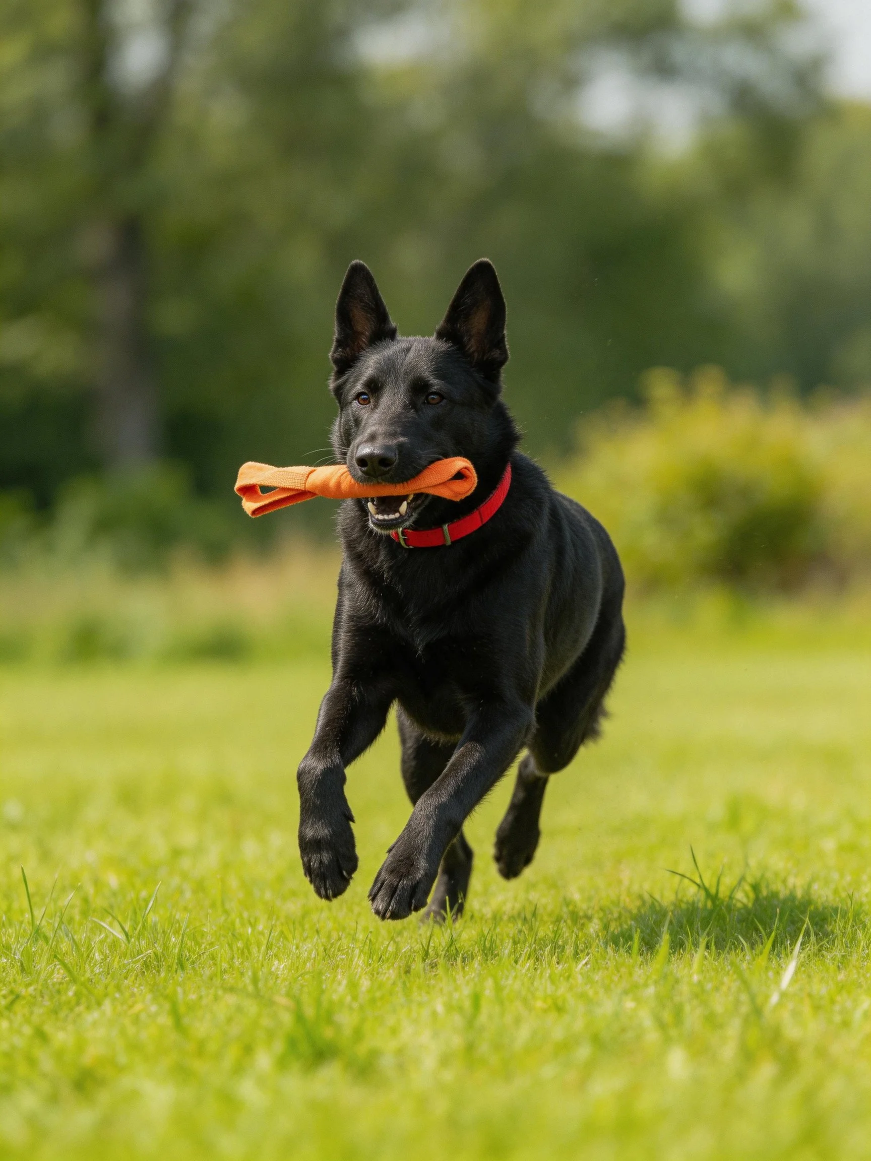 A black dog sprints with an orange toy on lush green grass