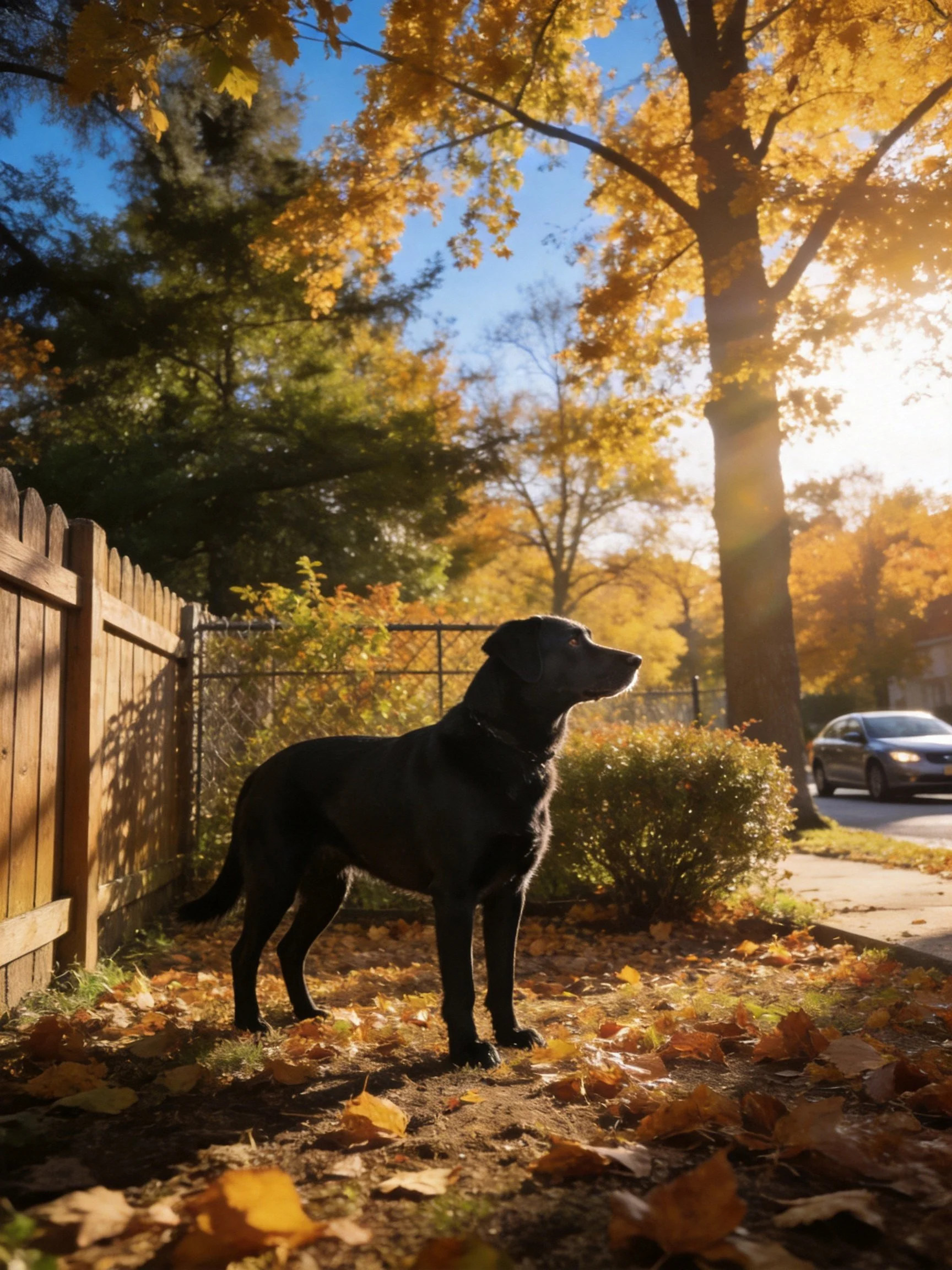 A black dog observes its surroundings in a sunlit autumn backyard.