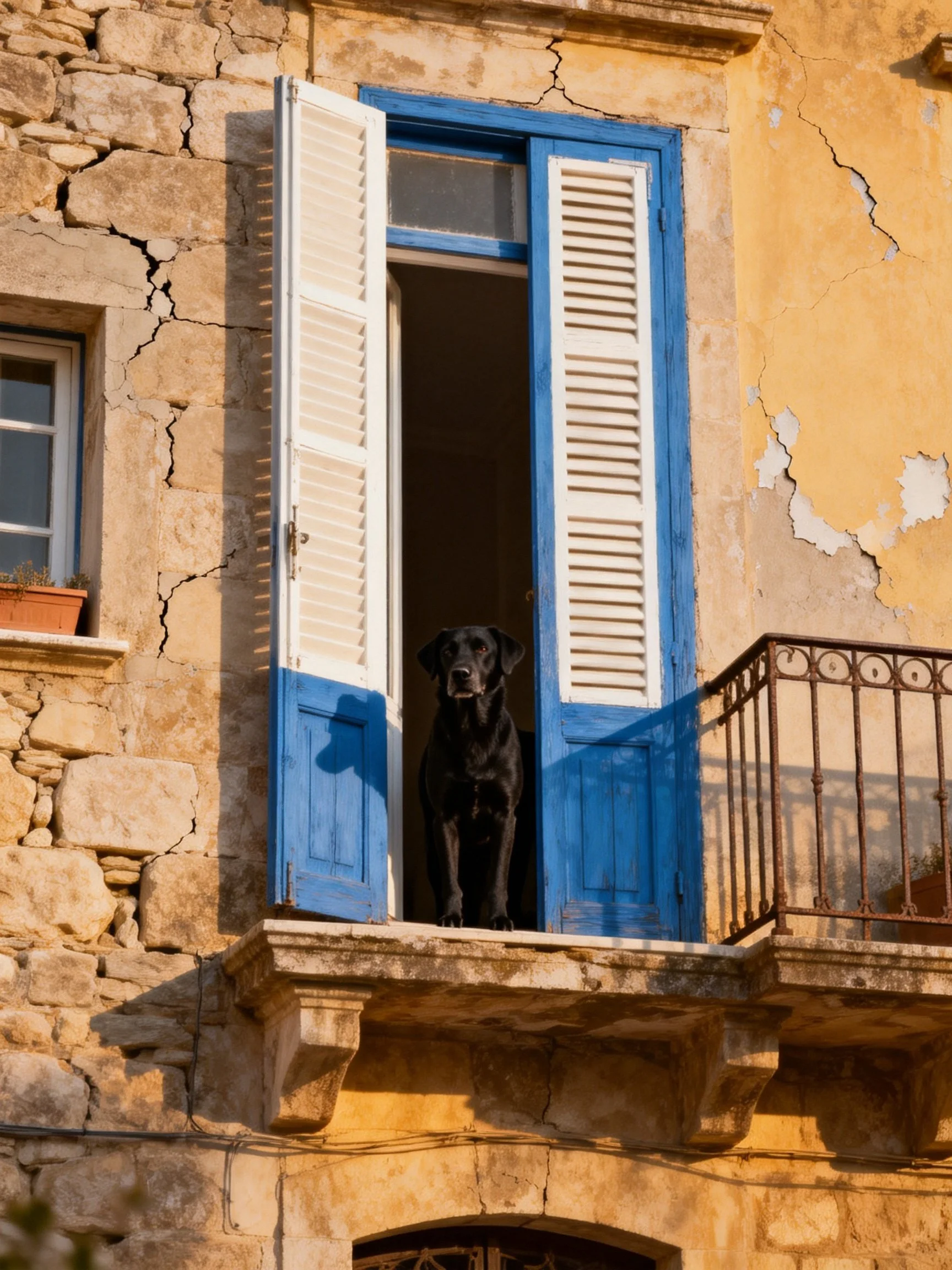 A black dog stands at an open blue-shuttered stone balcony window