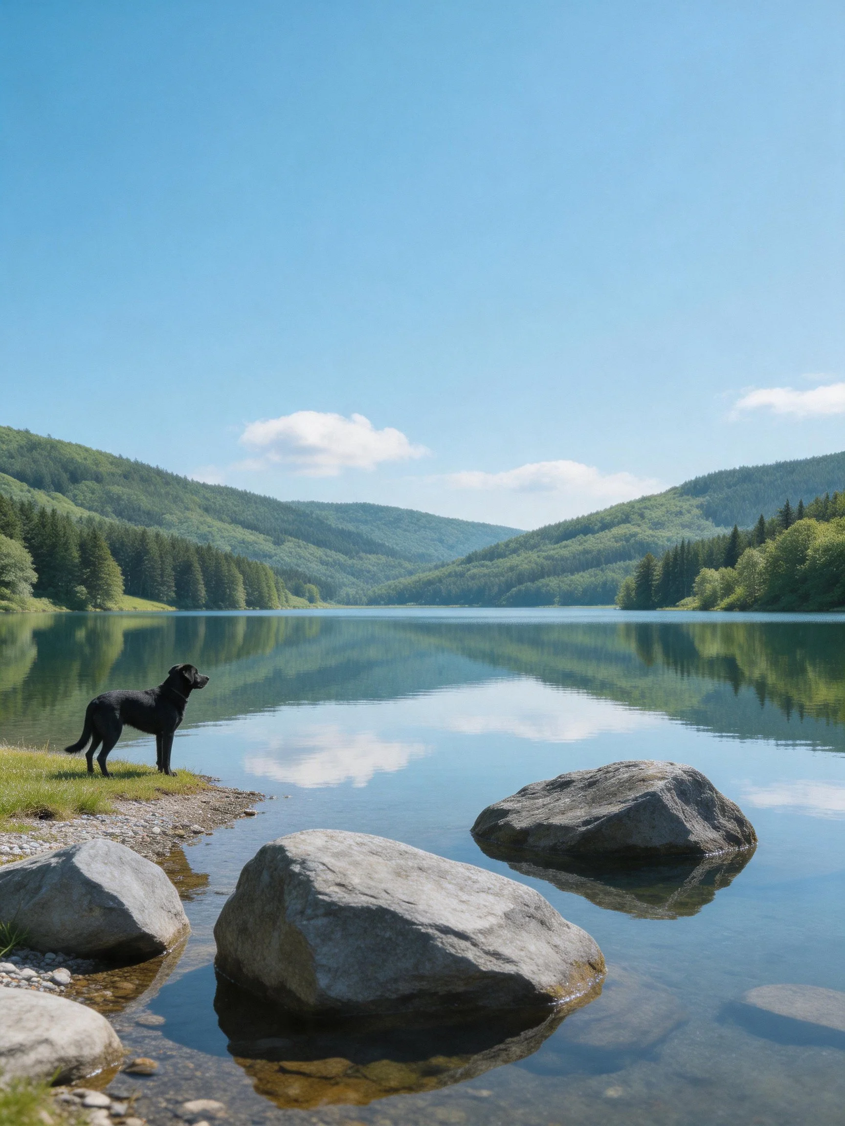 A black dog observes a calm lake reflecting forested hills from a rocky lakeshore.