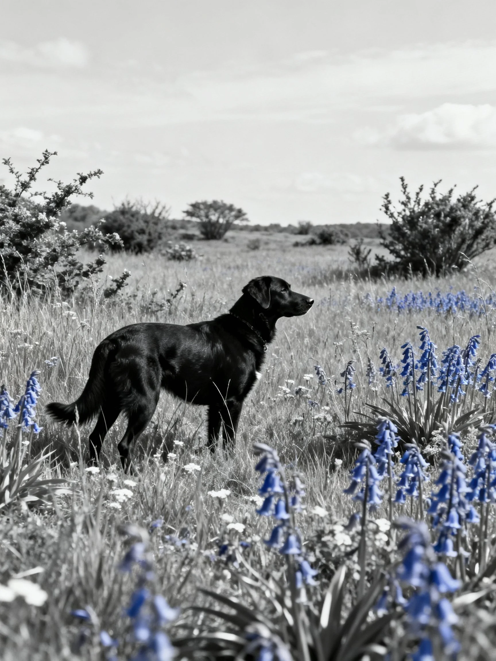 A blackdog observes its surroundings in a field with bluebells and wildflowers.