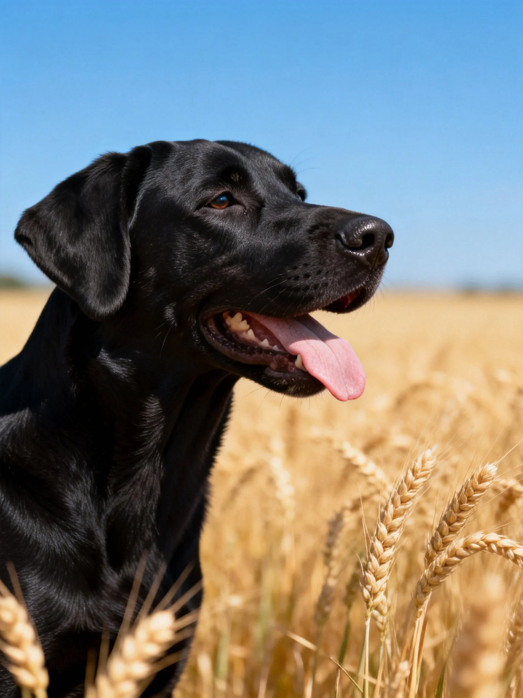 A black dog relaxes in a sunlit wheat field among tall golden stalks.