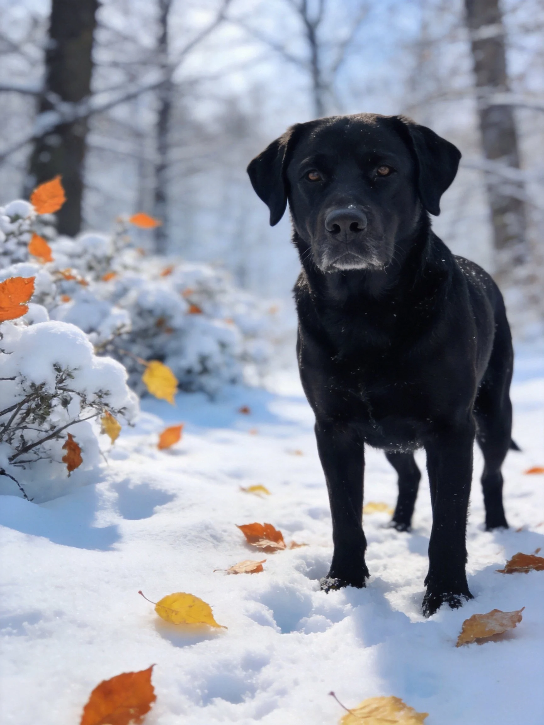 A black dog stands among snow and autumn leaves in a wintry forest setting.