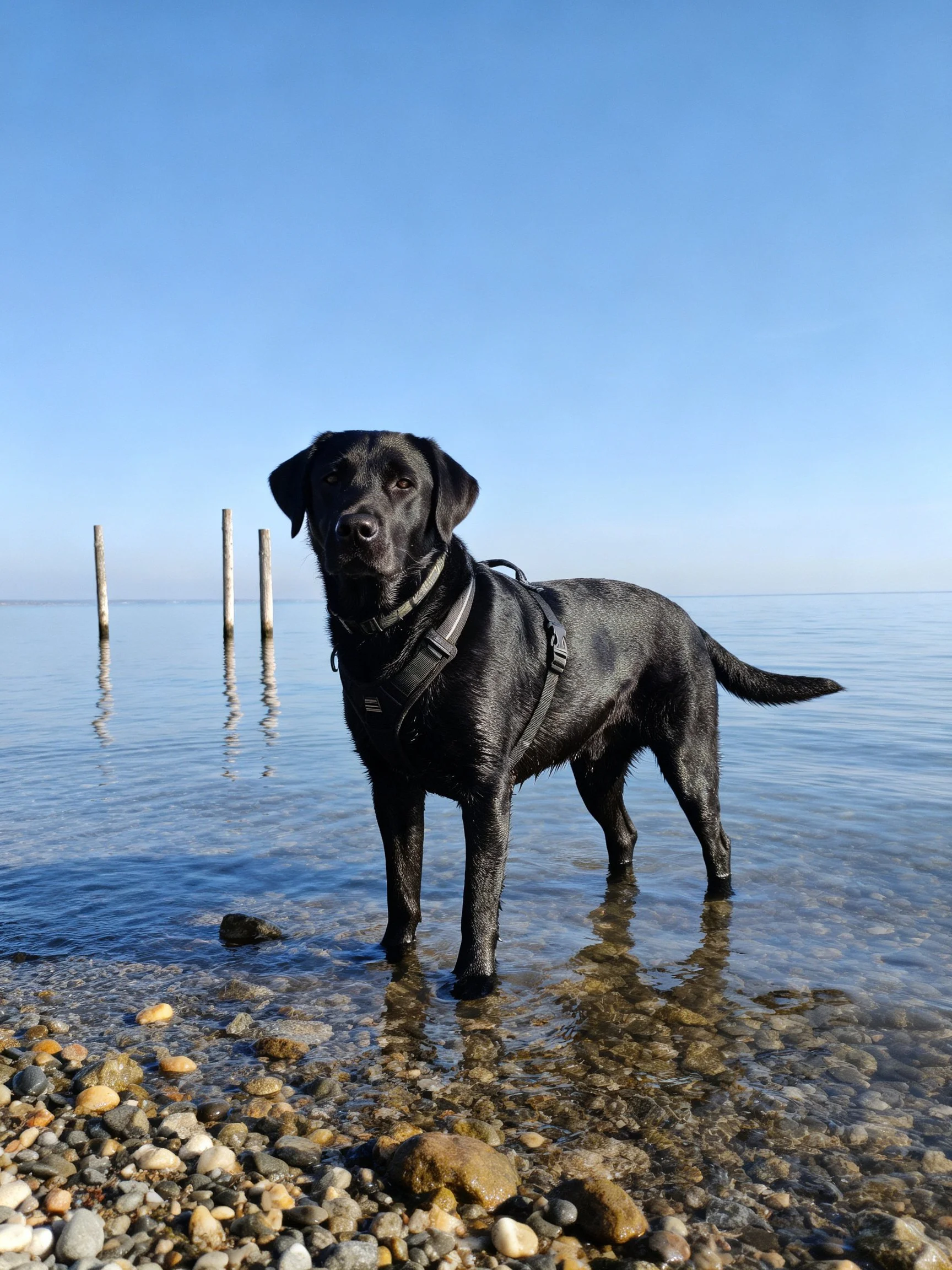 A black dog stands in shallow water by a pebbly shore