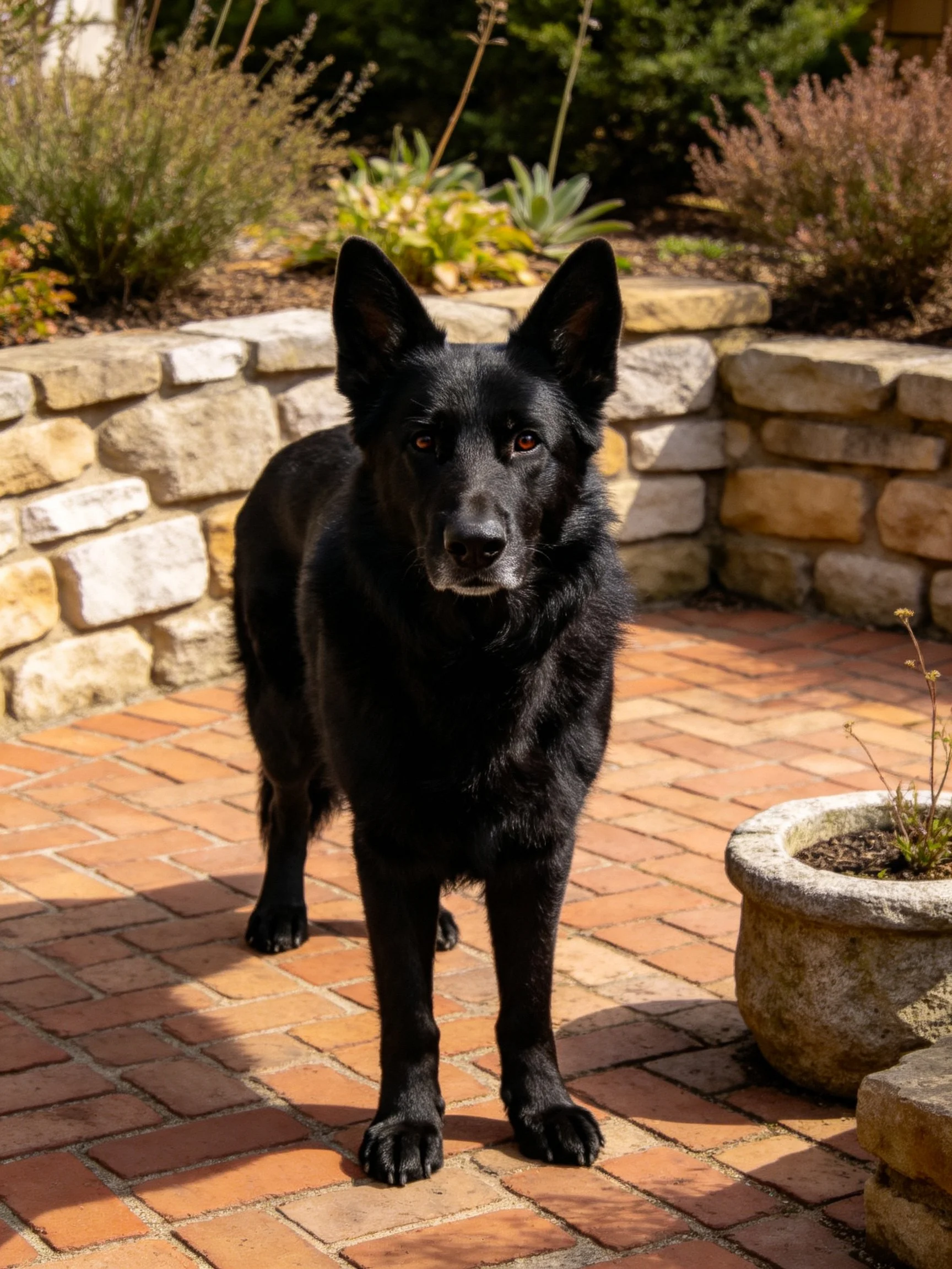 A black dog stands on a brick patio near stone walls and greenery