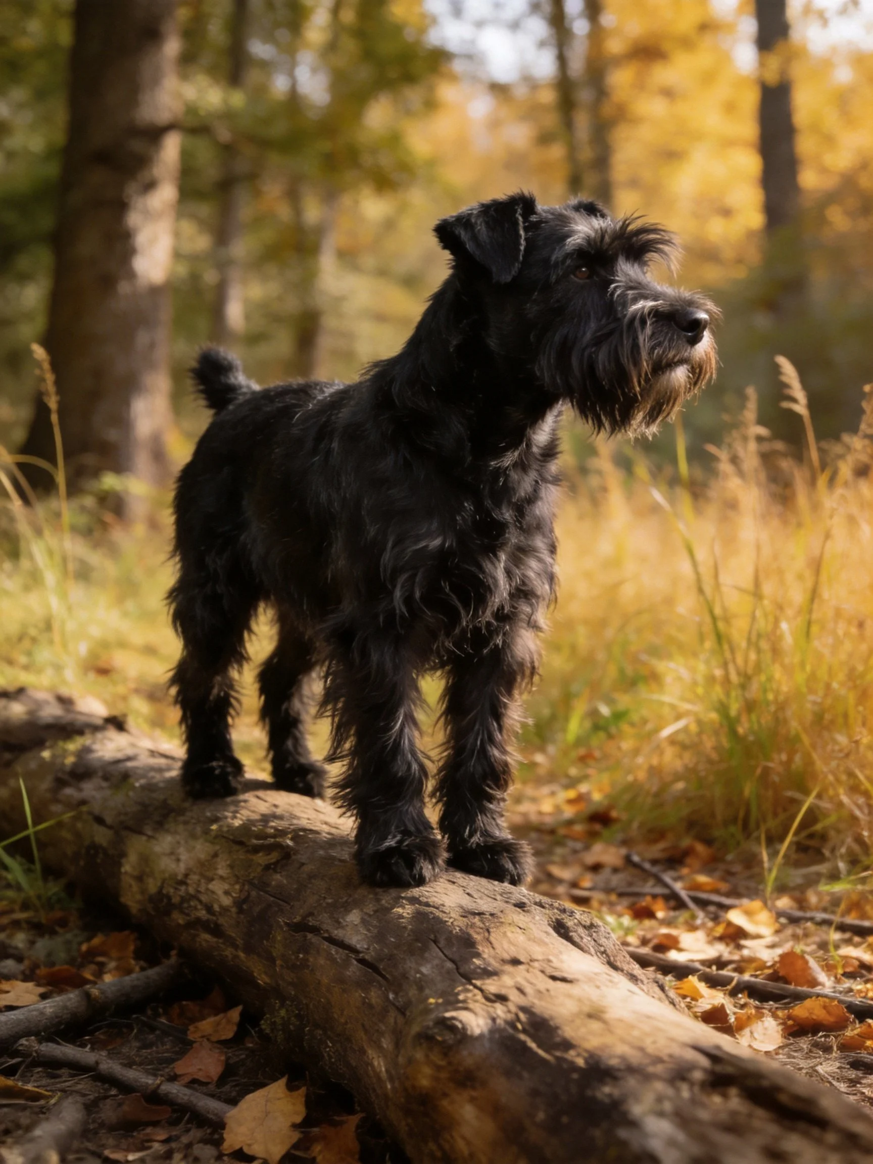A black dog stands on a fallen log in an autumn forest