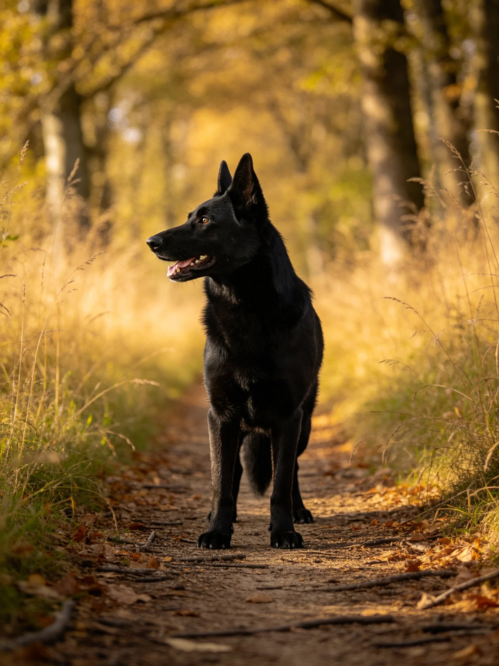 A black dog stands alert on a forest path in an autumnal setting.