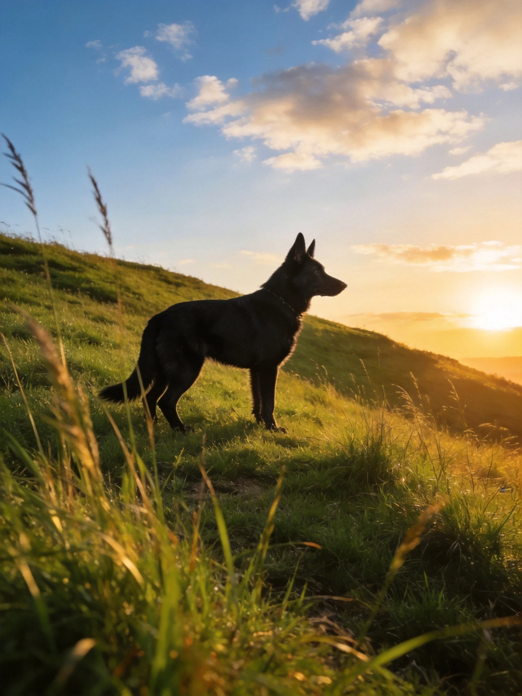 A black dog stands on a grassy hill at golden-hour sunset