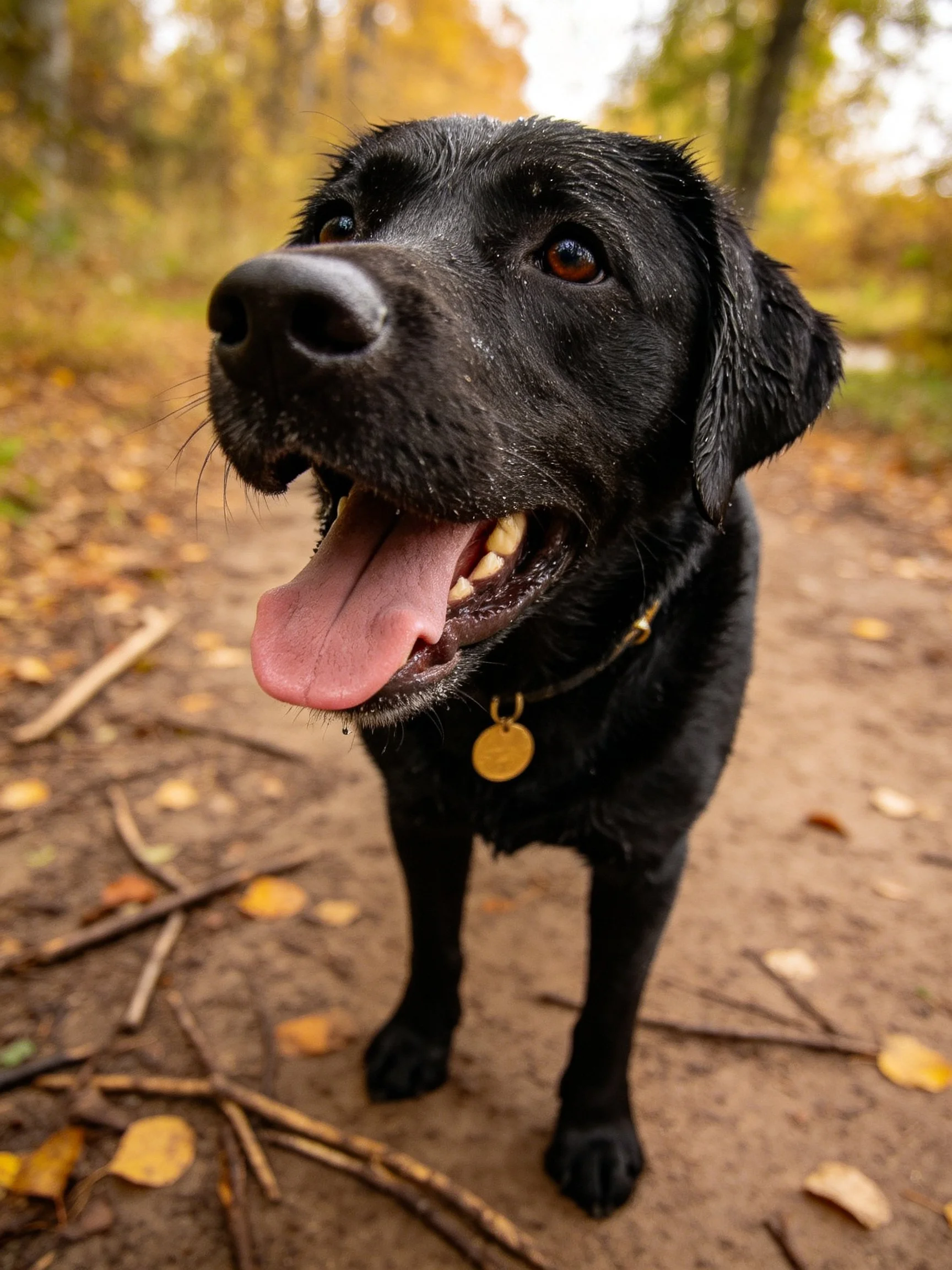 A black dog stands on a leaf-covered dirt path in autumn