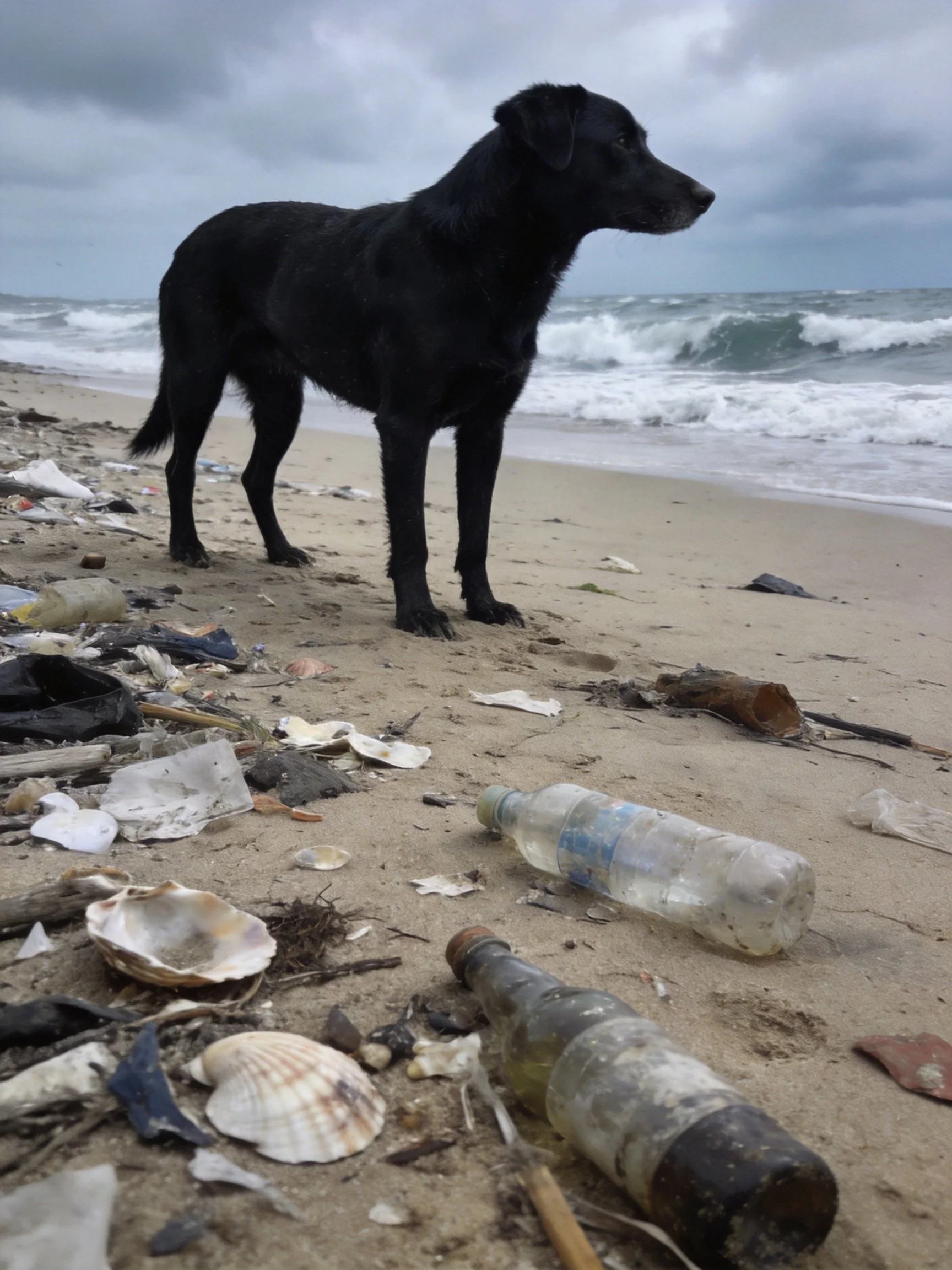 A black dog stands on a littered sandy beach with ocean waves