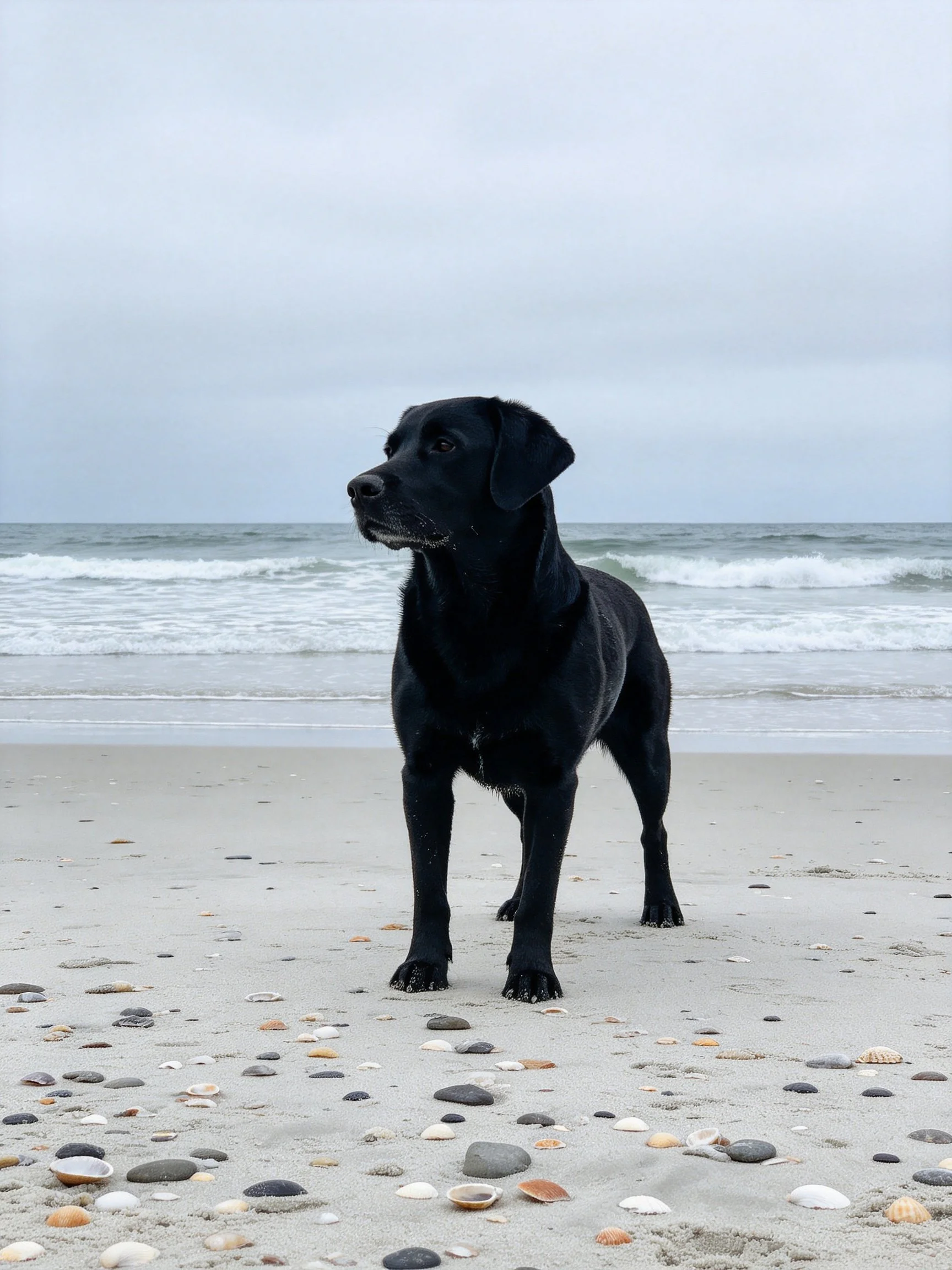 A black dog stands on a pebbly sandy beach near ocean waves