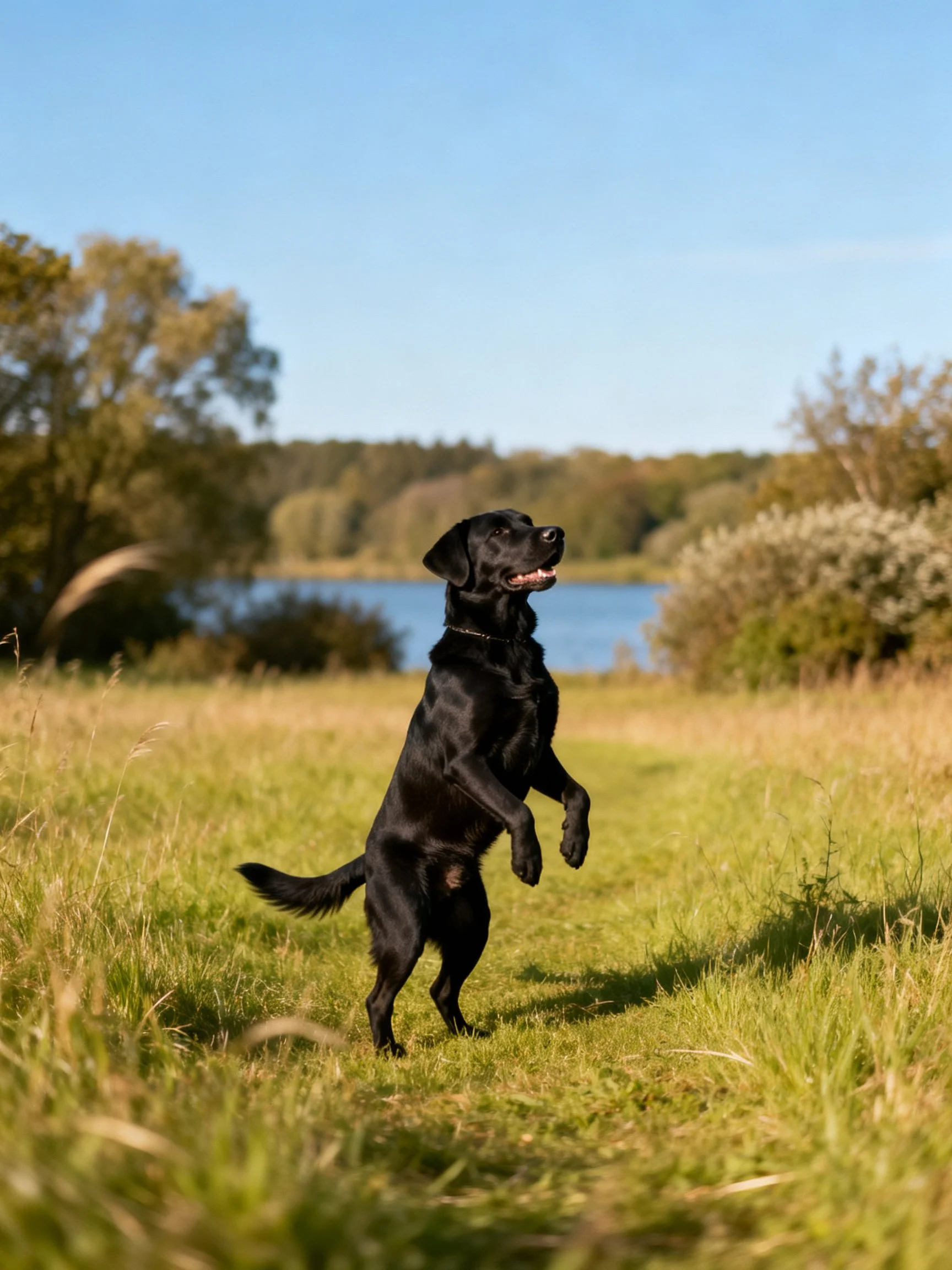 A black dog stands on hind legs in a sunlit meadow