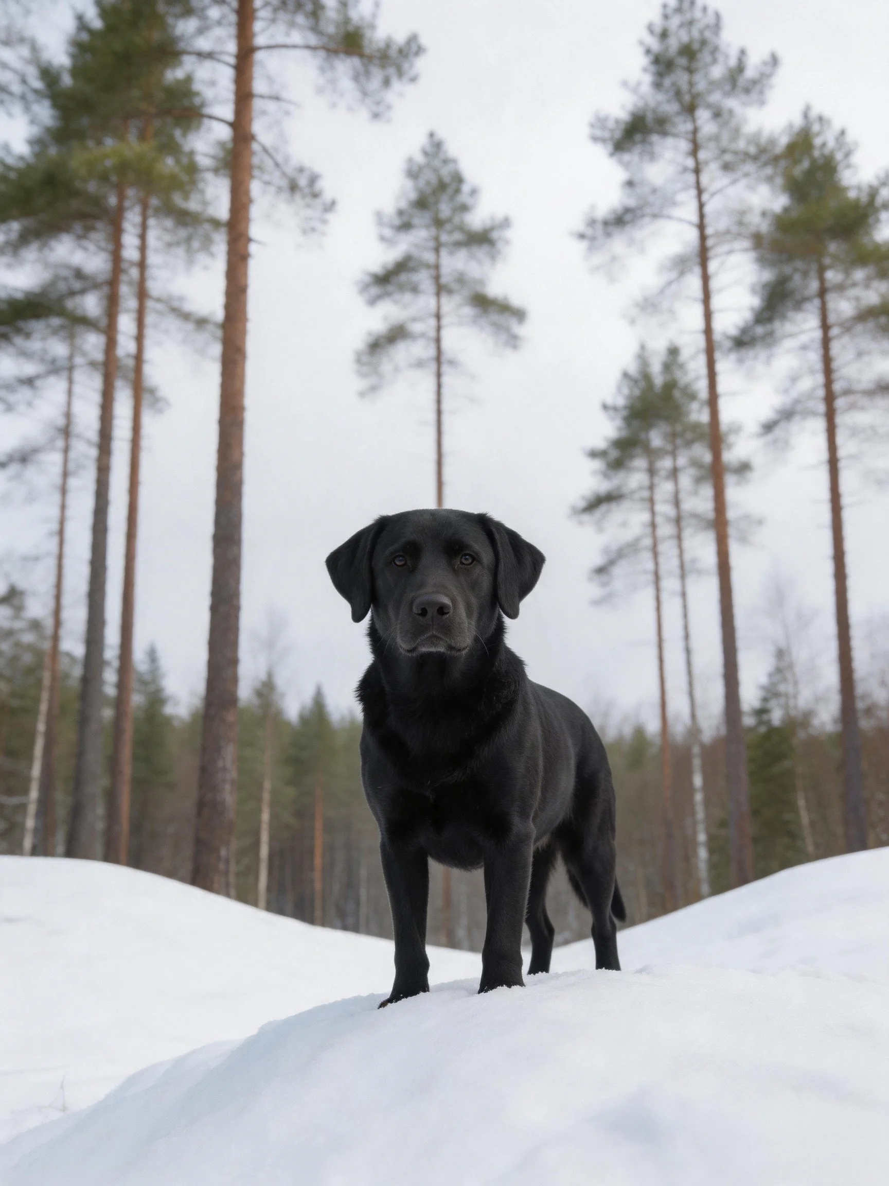 A black dog stands on snow in front of tall evergreen trees.