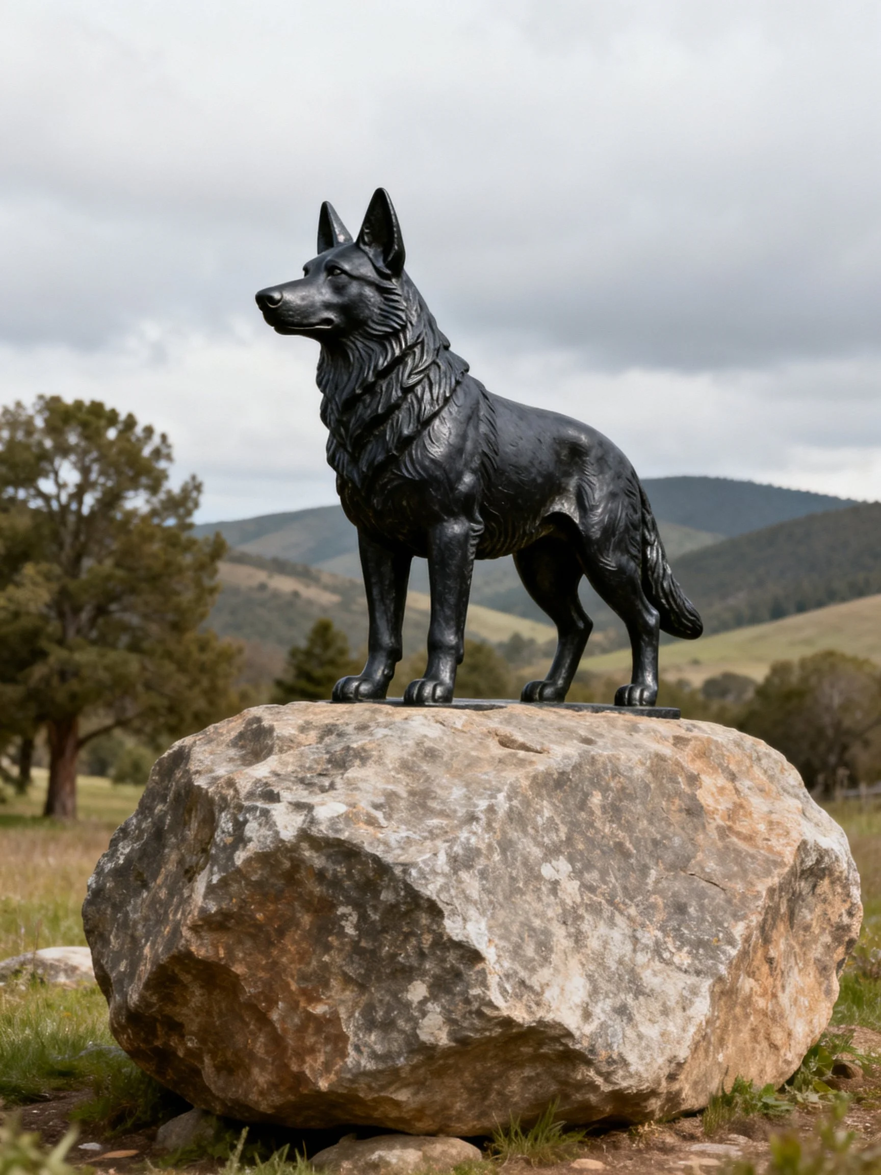 A black dog statue sits on a large rock in a picturesque countryside