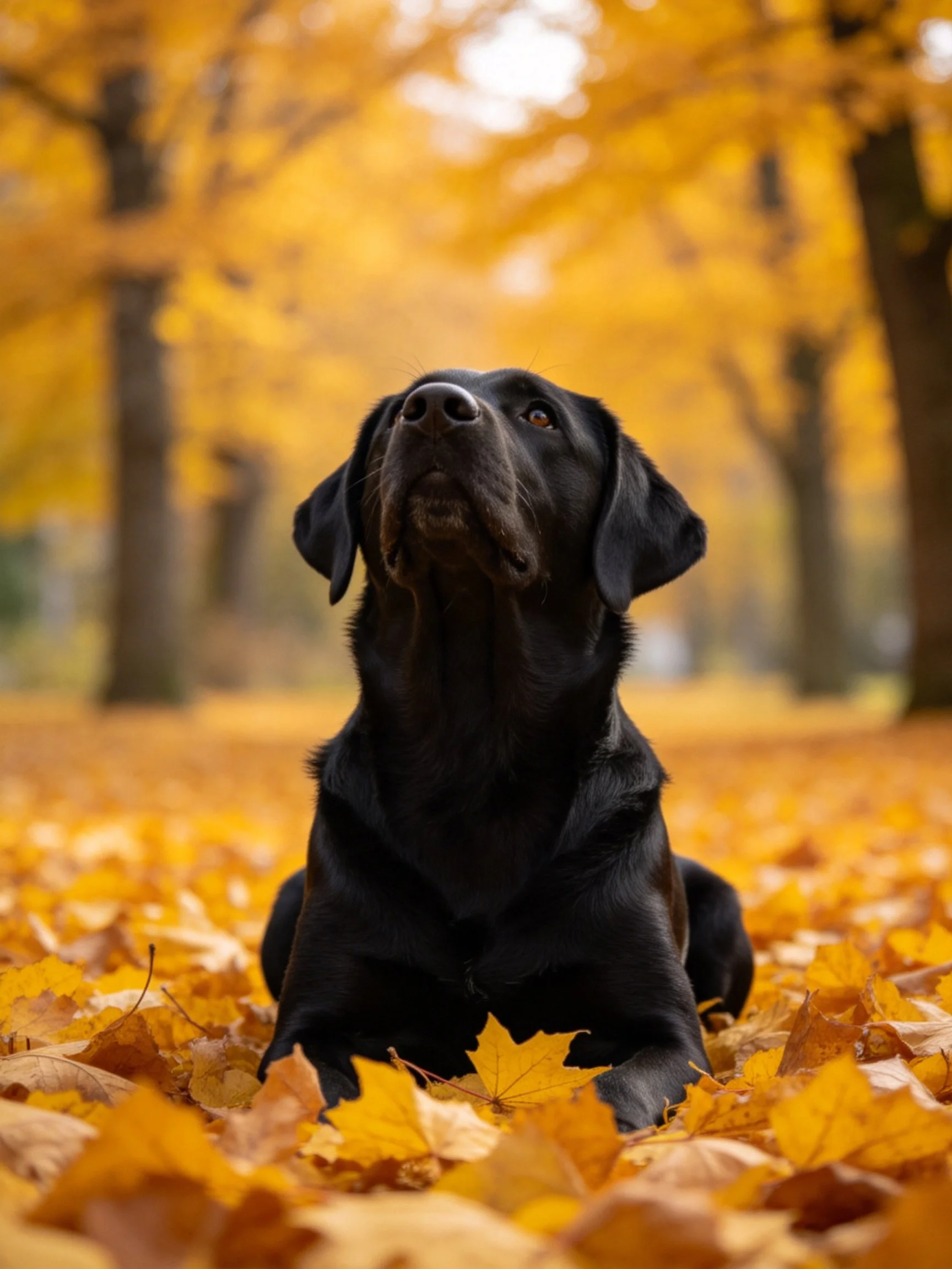 A black dog sits among golden autumn leaves in a sunlit, tree-filled setting