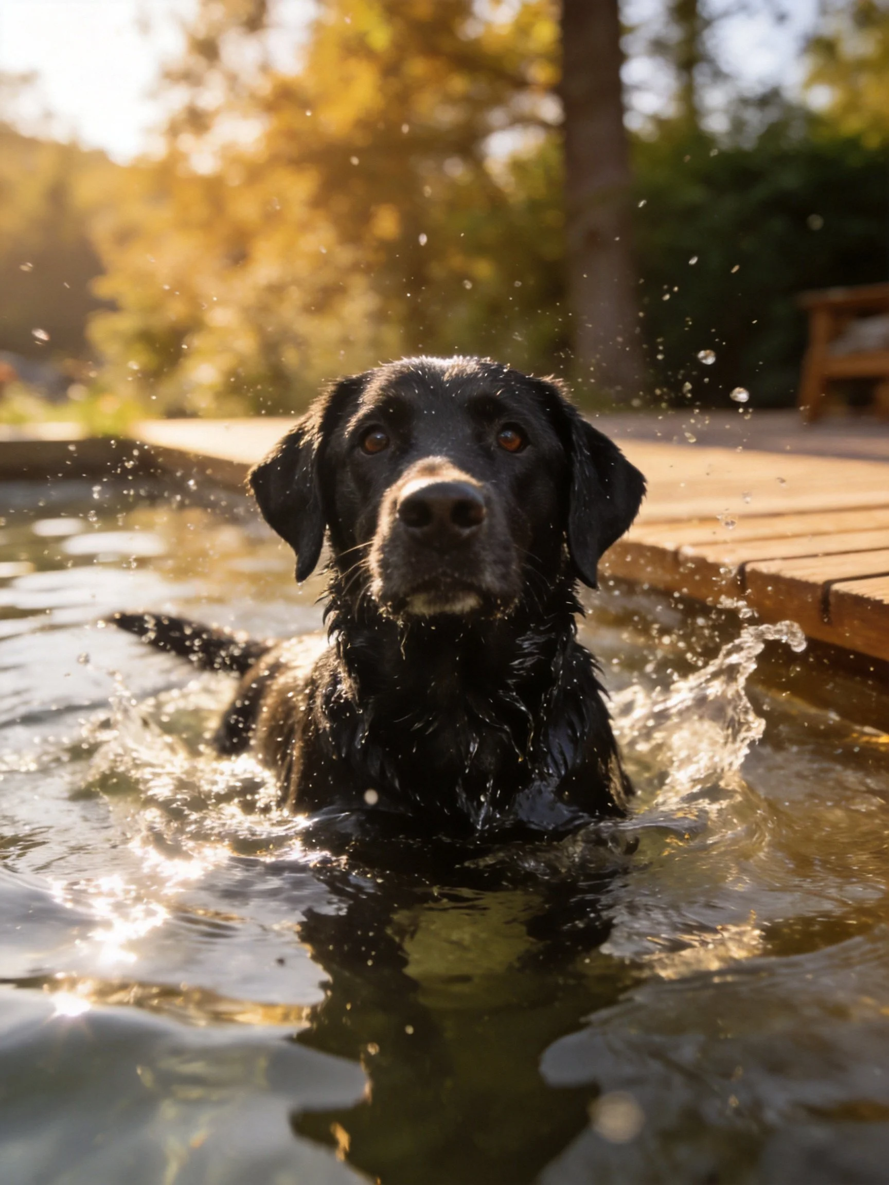 A black dog swims in a pool near a wooden deck under golden sunlight