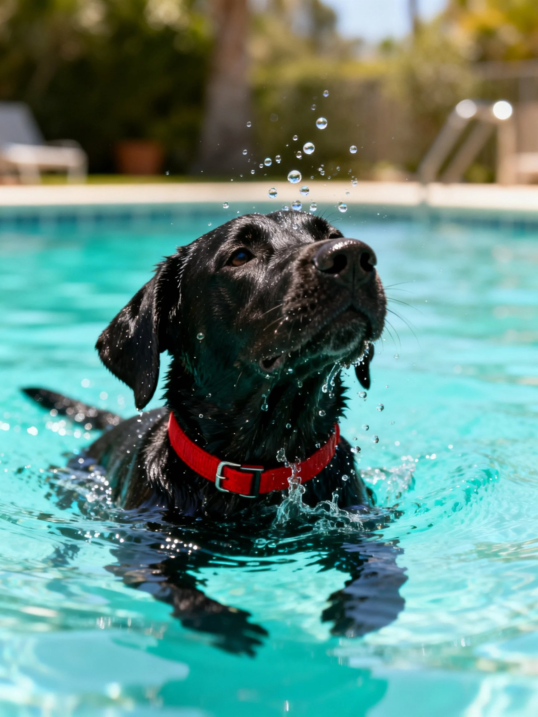 A black dog swims in a turquoise pool with a red collar