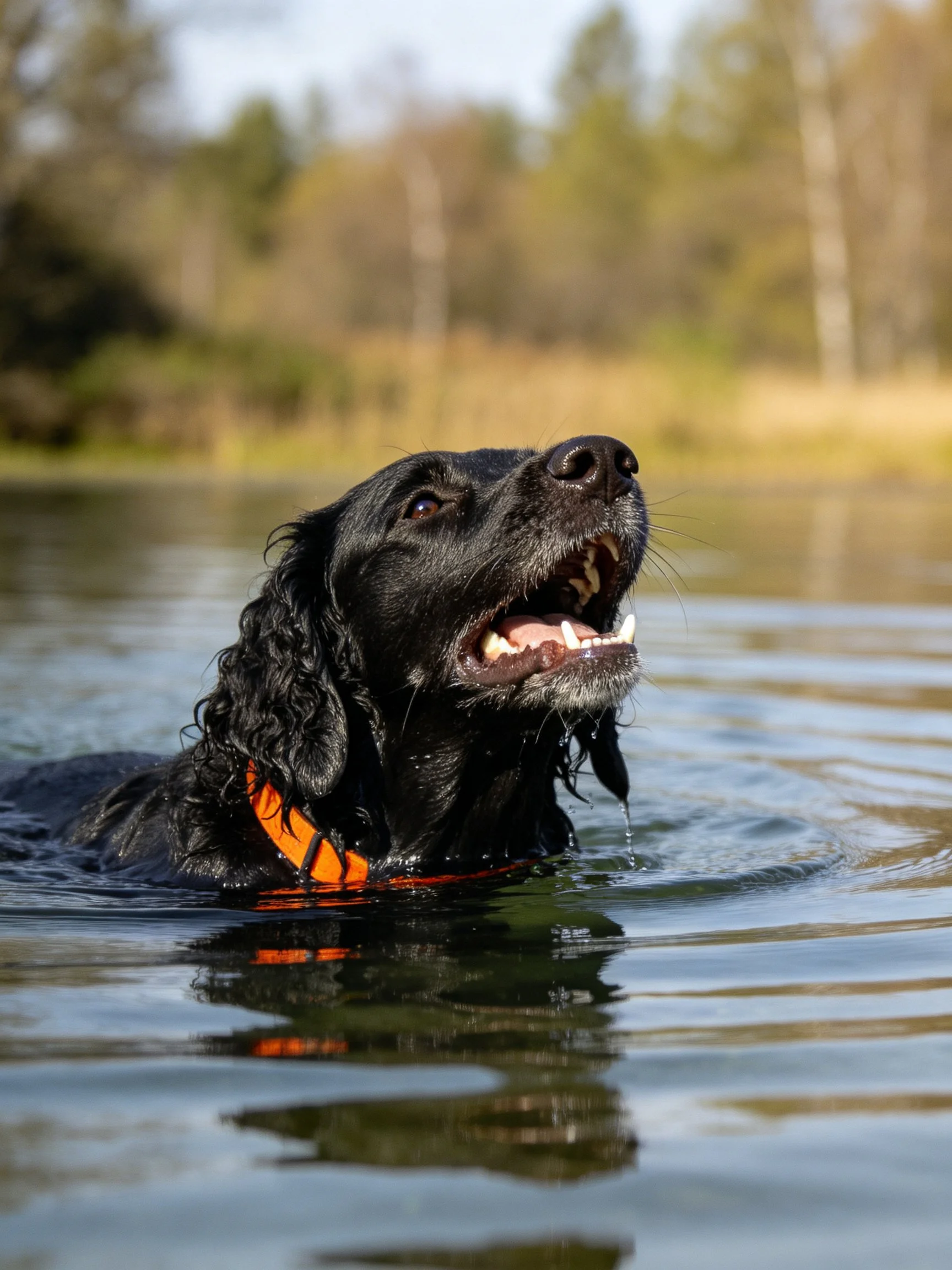 A black dog swims in calm water while wearing an orange collar.