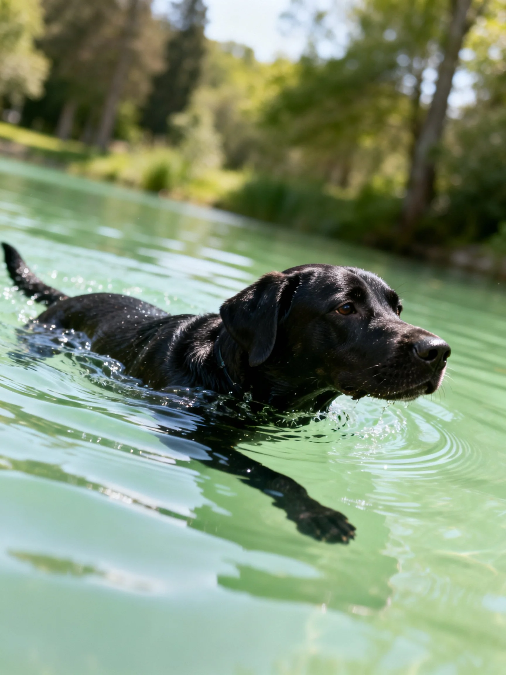 A black dog swims in clear water near trees.