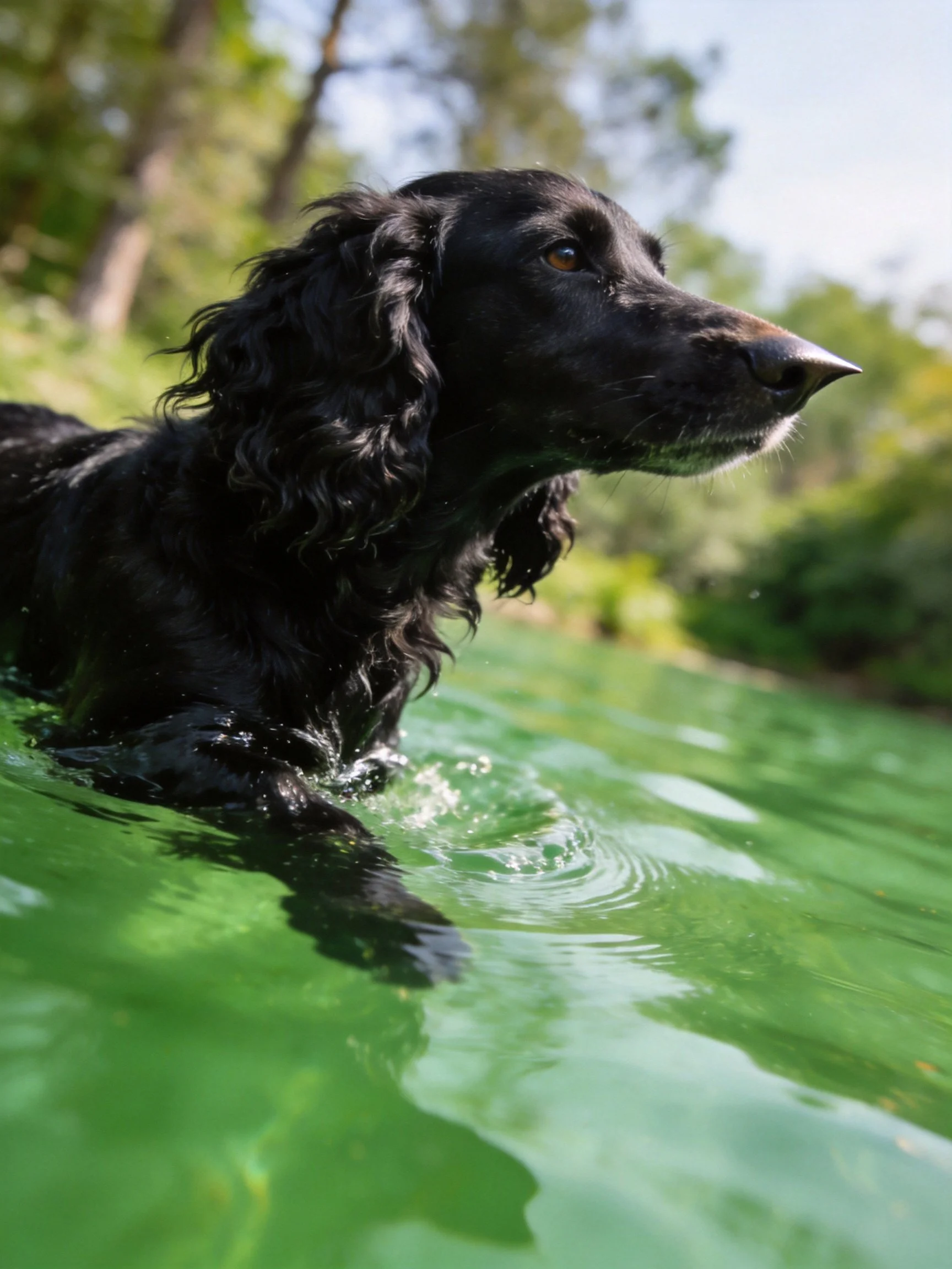 A black dog swims in green water near trees