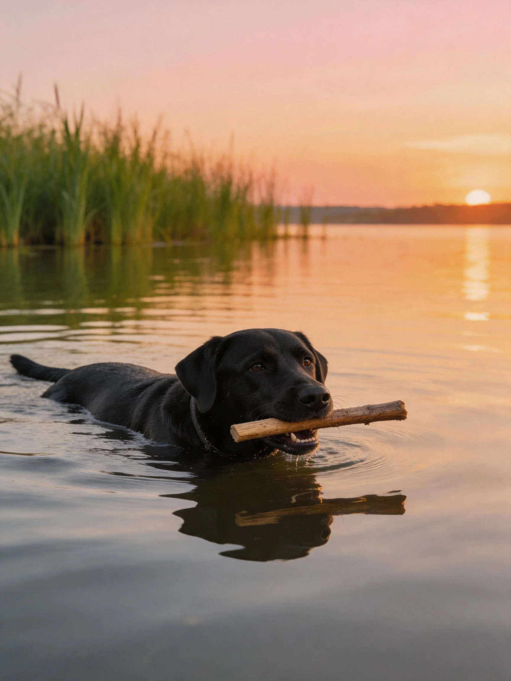 A black dog swims in calm water carrying a wooden stick during sunset.